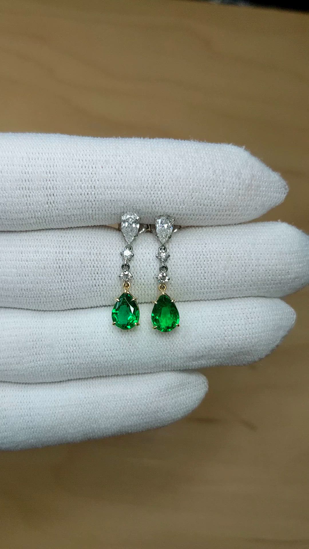 1.98&nbsp;Ct.Tw.Total Carat Weight Emerald and Natural Diamond Drops Earrings, Platinum & 18K Yellow Size Video
