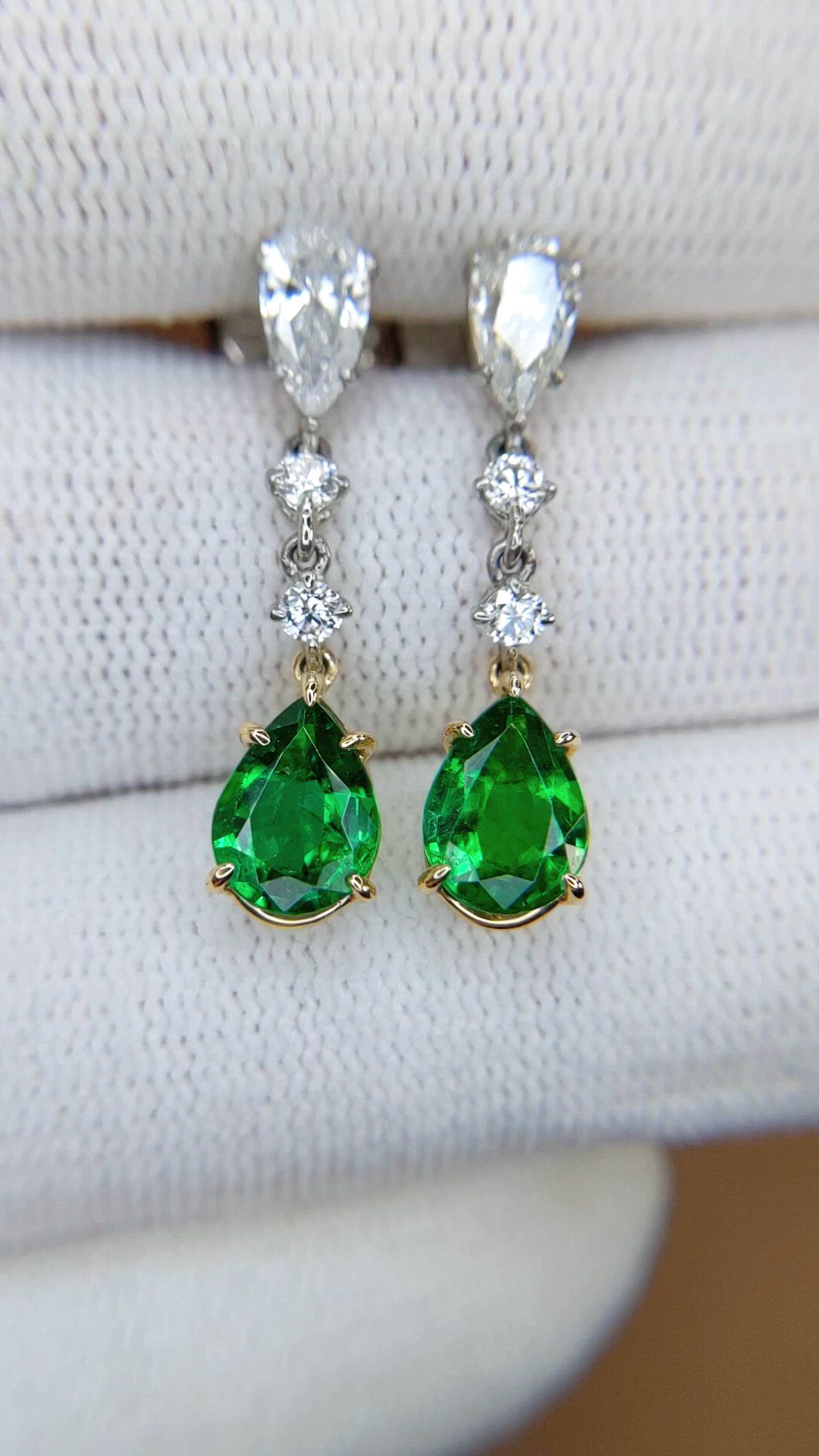 1.98&nbsp;Ct.Tw.Total Carat Weight Emerald and Natural Diamond Drops Earrings, Platinum & 18K Yellow Size Video