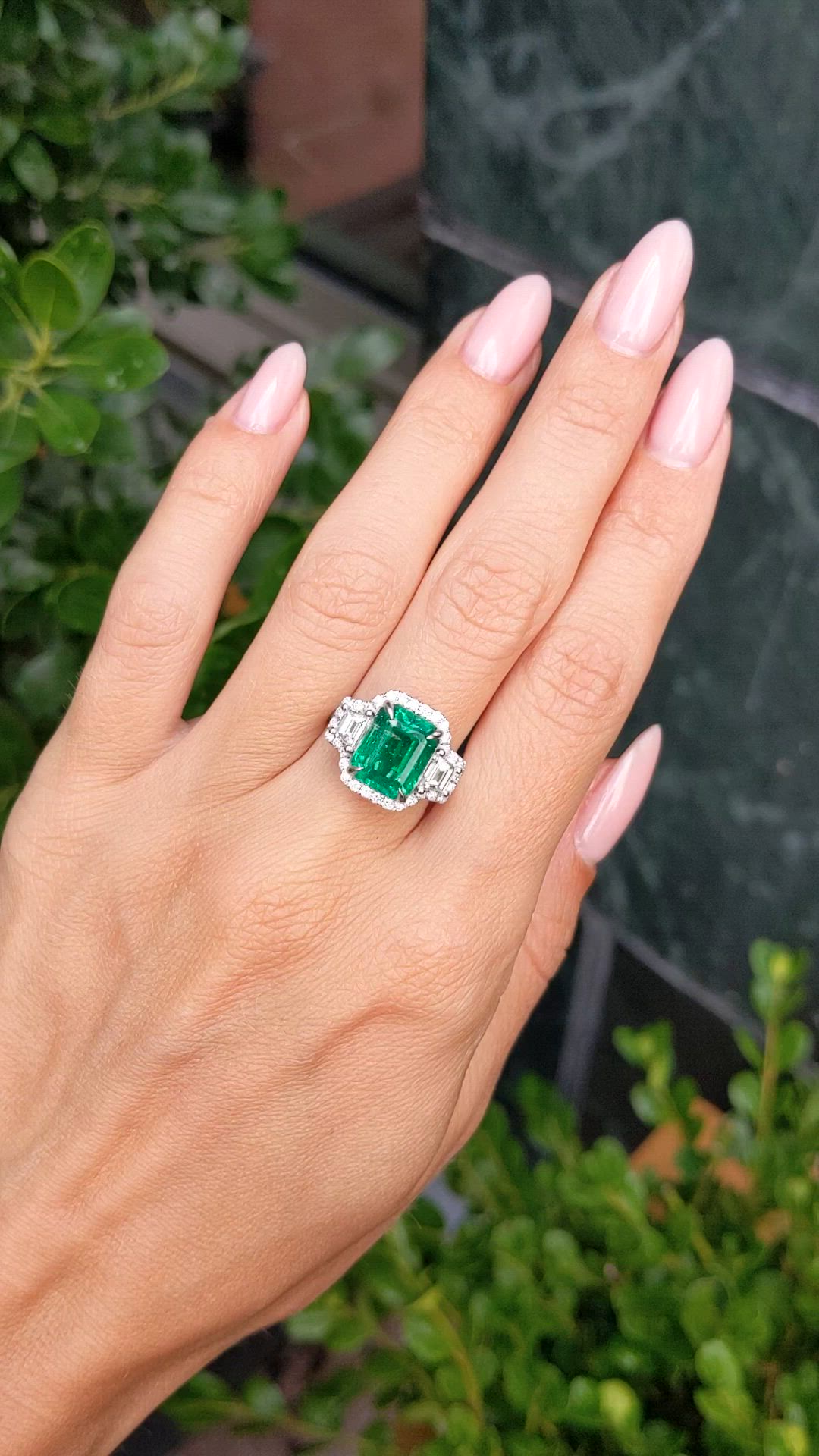 4.70 Ct. Emerald and Natural Diamond Pave Ring, 14K White Gold Size Video