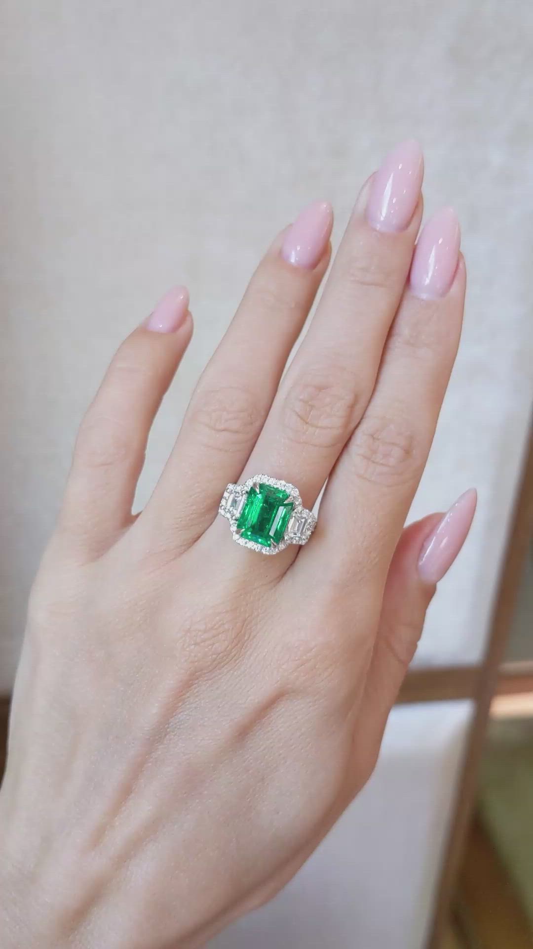 4.70 Ct. Emerald and Natural Diamond Pave Ring, 14K White Gold Size Video