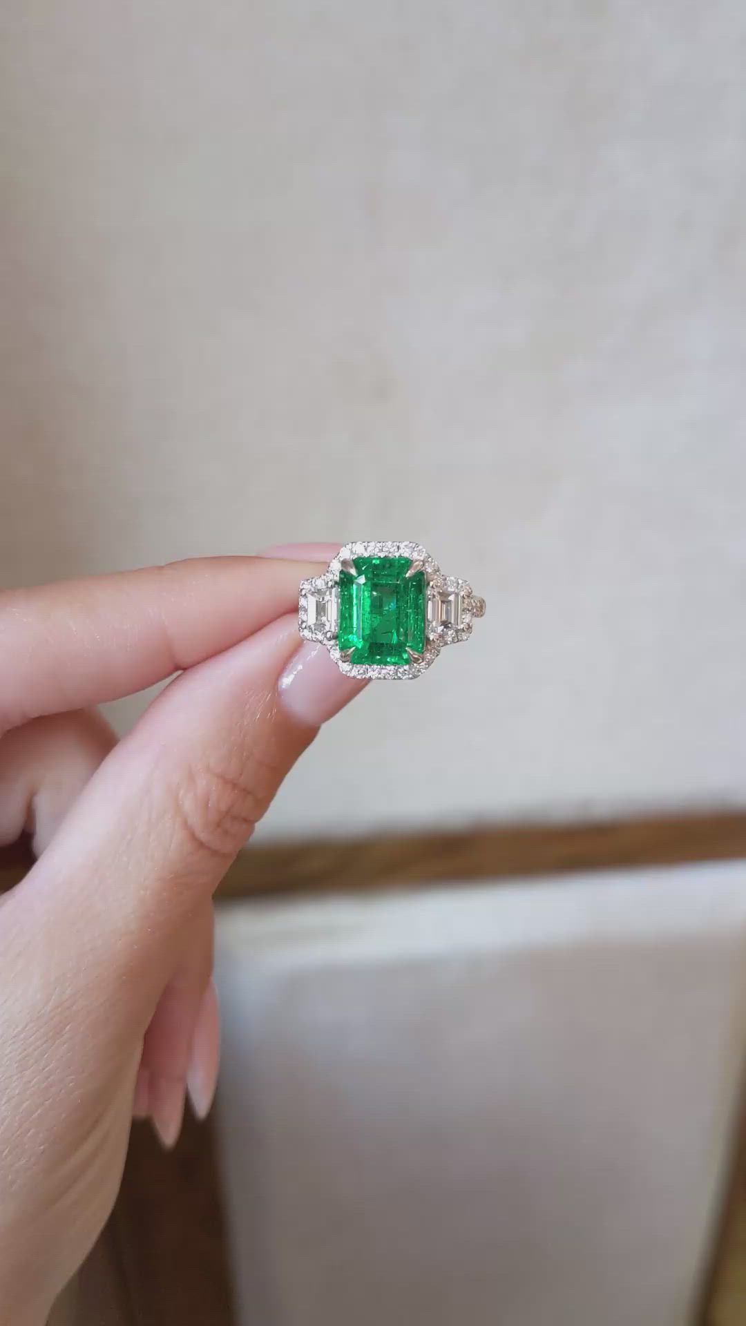 4.70 Ct. Emerald and Natural Diamond Pave Ring, 14K White Gold Size Video