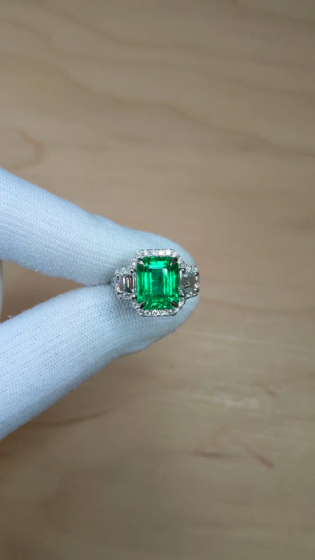4.70 Ct. Emerald and Natural Diamond Pave Ring, 14K White Gold Size Video