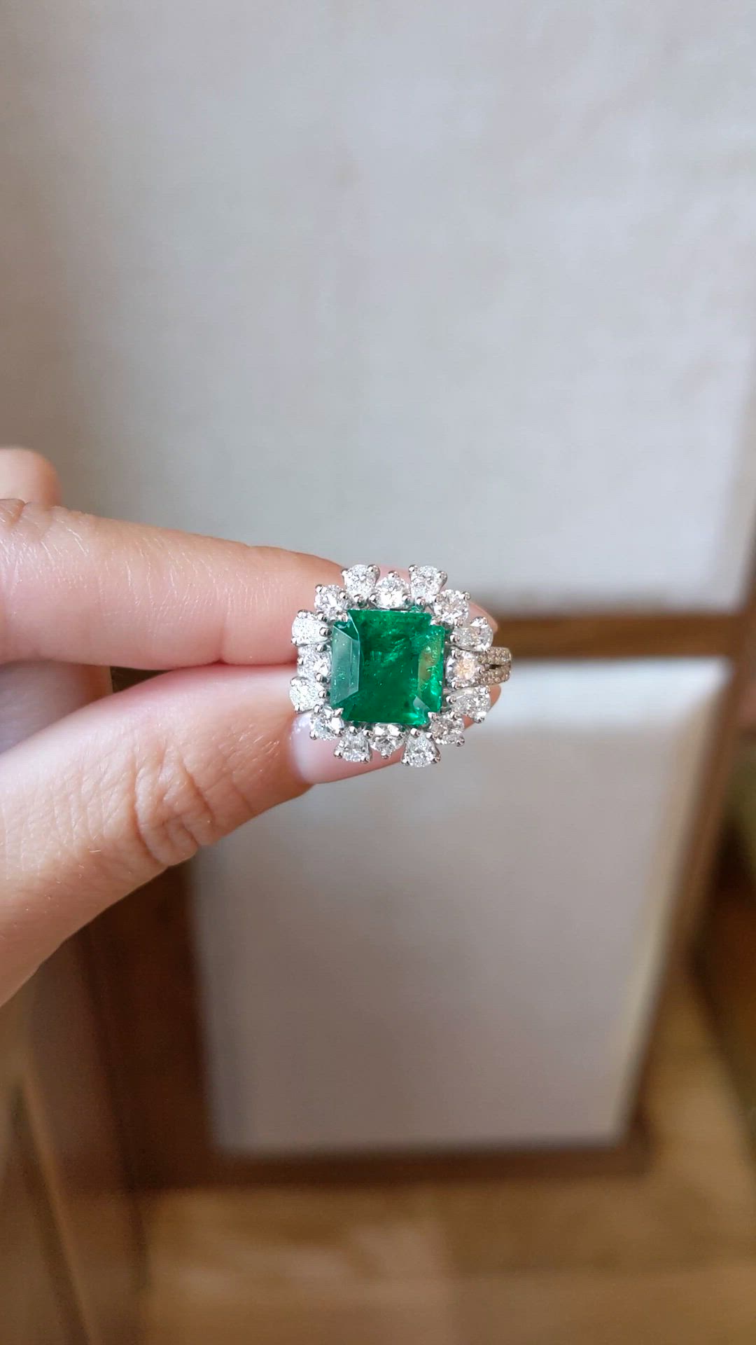 3.49 Ct. Emerald and Natural Diamond Pave Ring, 14K White Gold Size Video