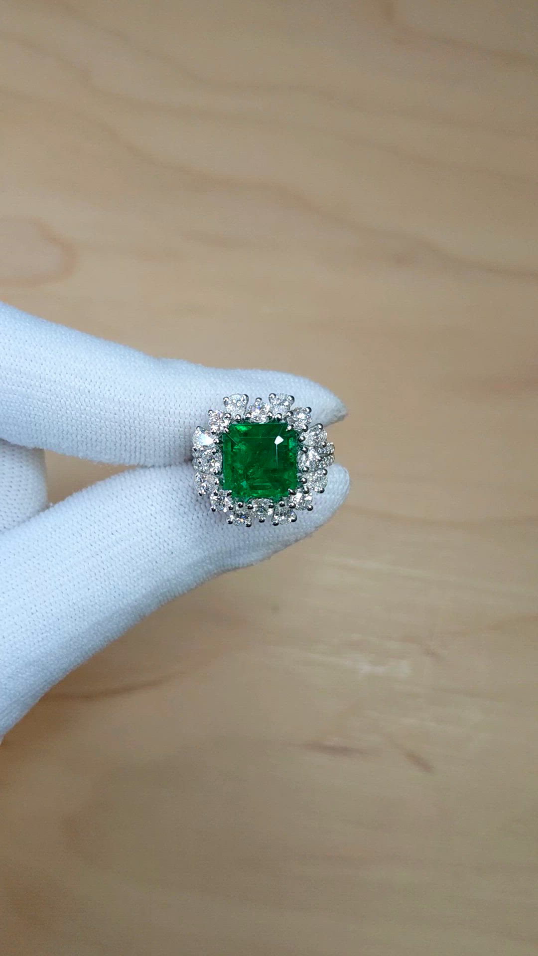 3.49 Ct. Emerald and Natural Diamond Pave Ring, 14K White Gold Size Video