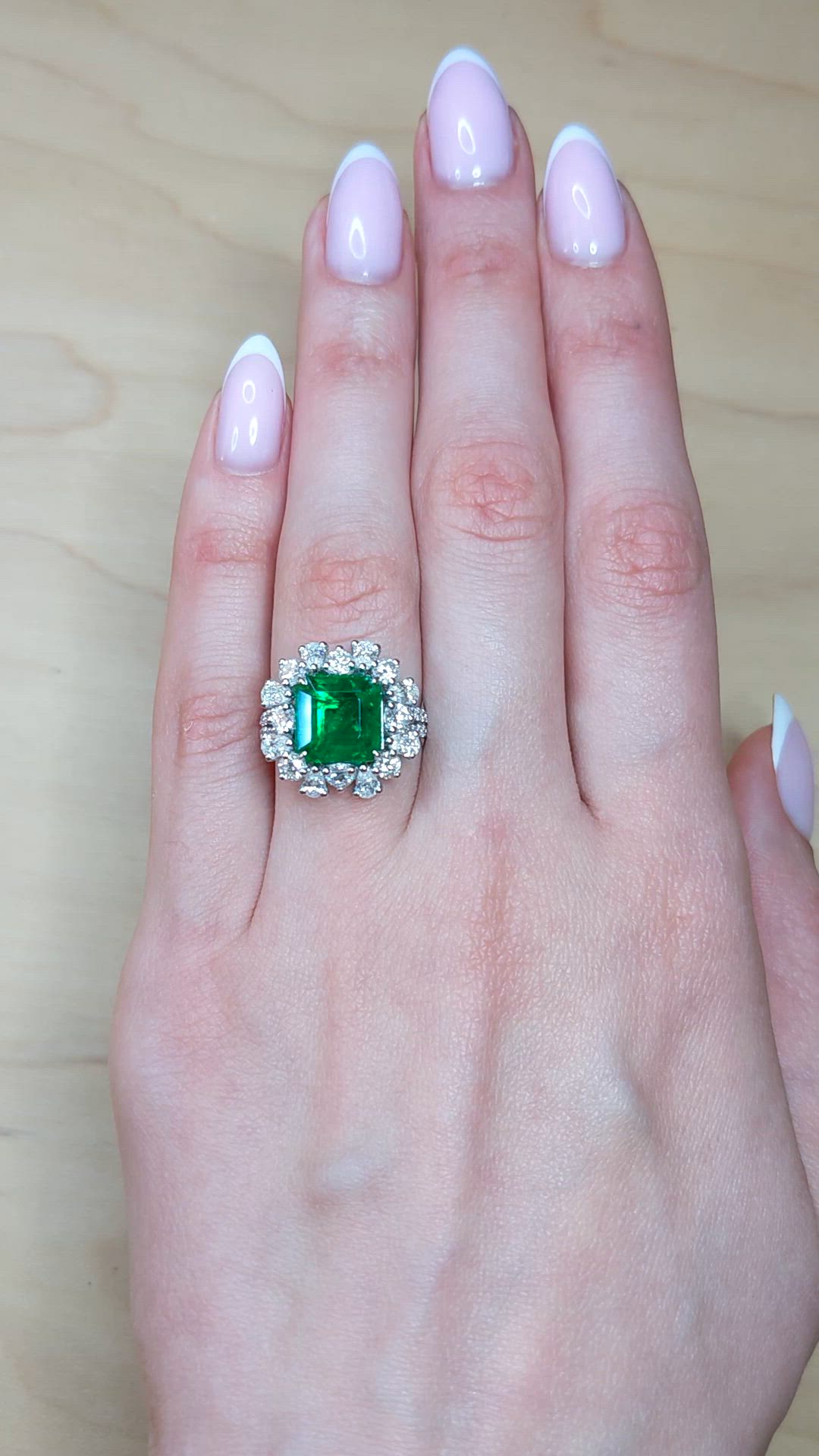 3.49 Ct. Emerald and Natural Diamond Pave Ring, 14K White Gold Size Video