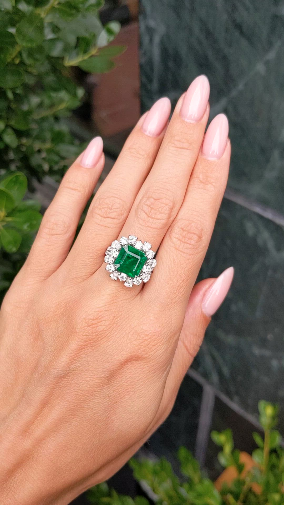 3.49 Ct. Emerald and Natural Diamond Pave Ring, 14K White Gold Size Video