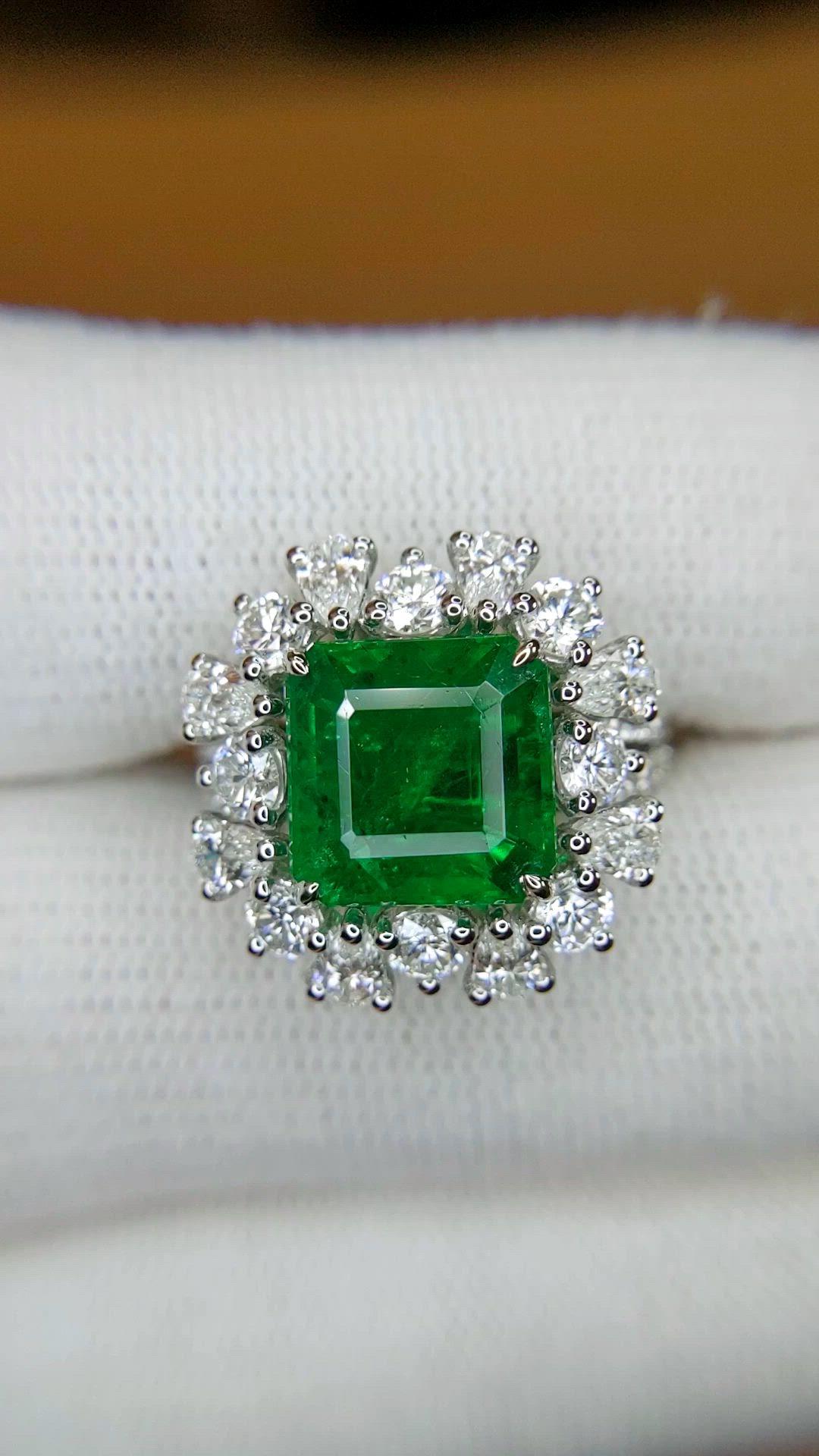 3.49 Ct. Emerald and Natural Diamond Pave Ring, 14K White Gold Size Video