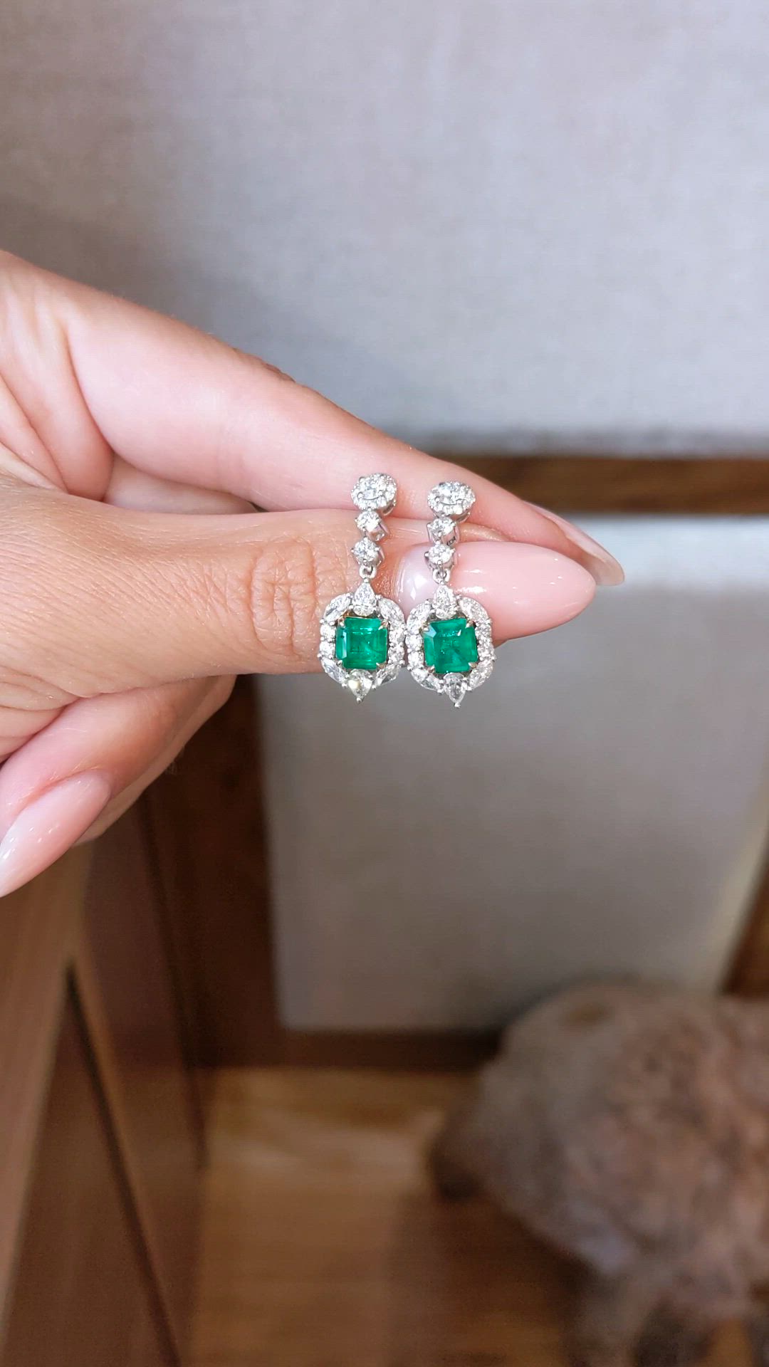 1.87&nbsp;Ct.Tw.Total Carat Weight Emerald and Natural Diamond Pave Earrings, 14K White & Yellow Size Video