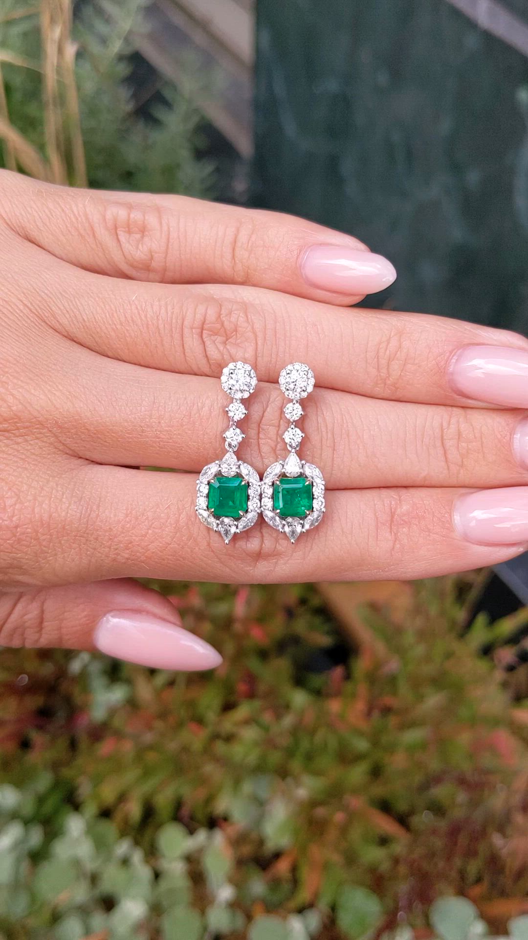 1.87&nbsp;Ct.Tw.Total Carat Weight Emerald and Natural Diamond Pave Earrings, 14K White & Yellow Size Video