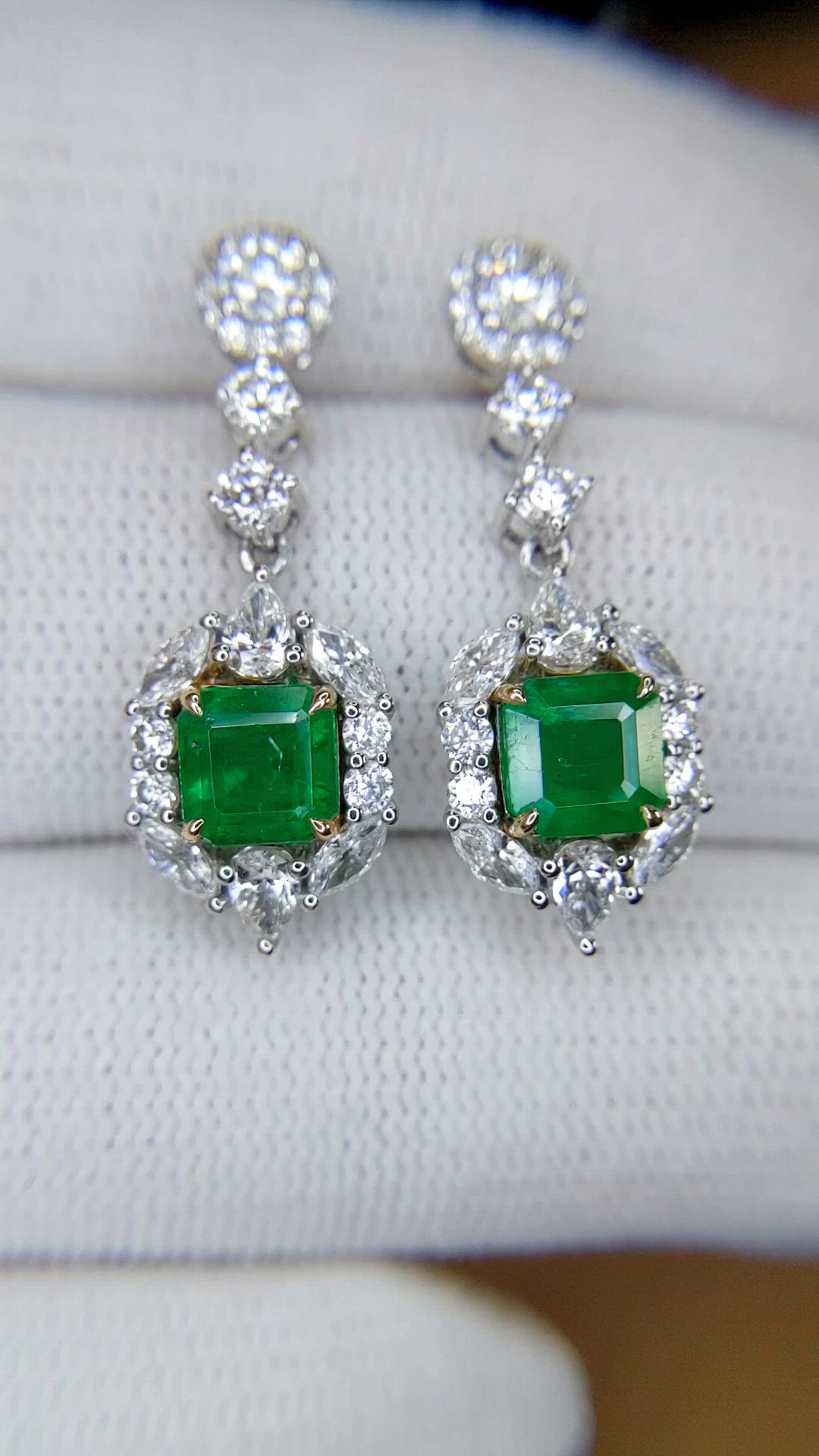 1.87&nbsp;Ct.Tw.Total Carat Weight Emerald and Natural Diamond Pave Earrings, 14K White & Yellow Size Video