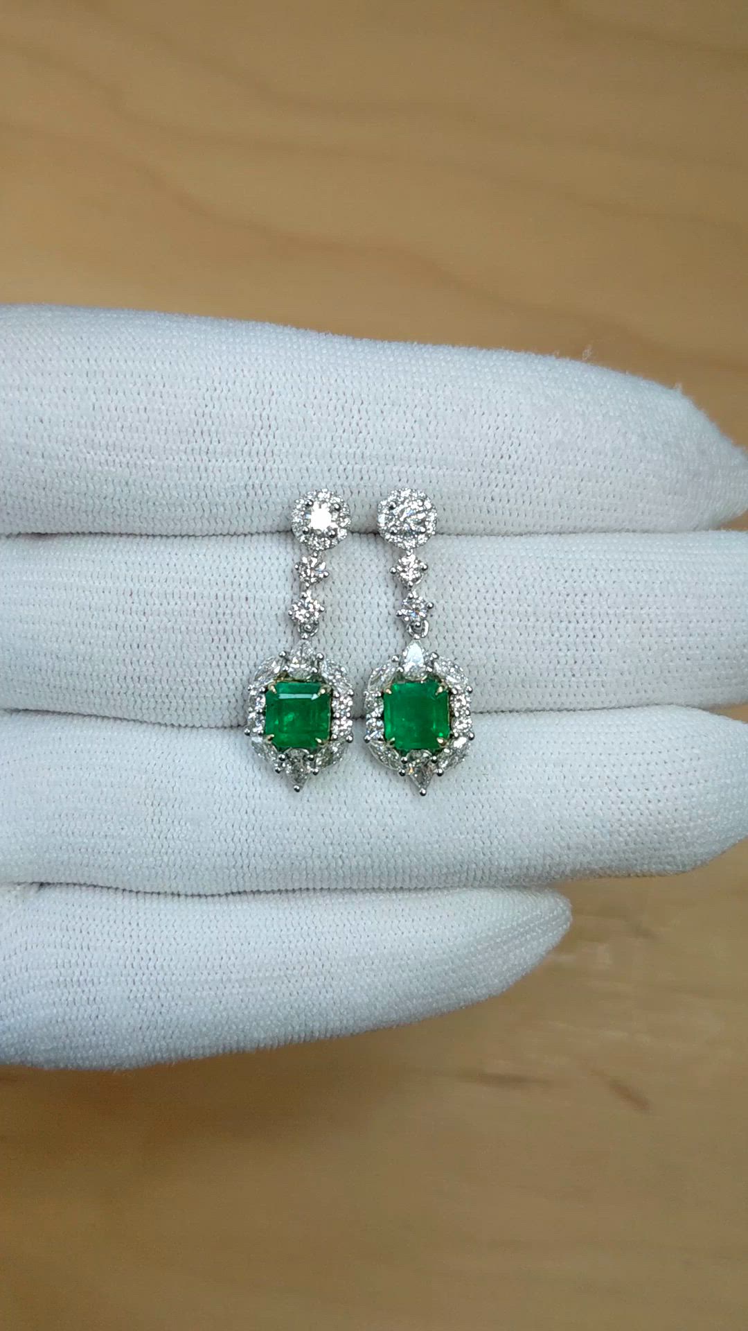 1.87&nbsp;Ct.Tw.Total Carat Weight Emerald and Natural Diamond Pave Earrings, 14K White & Yellow Size Video