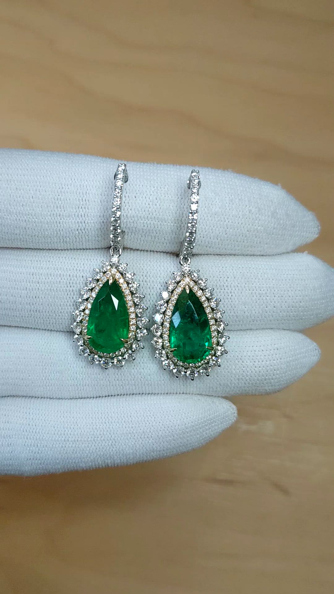 8.41&nbsp;Ct.Tw.Total Carat Weight Emerald and Natural Diamond Pave Earrings, 14K White & Yellow Size Video