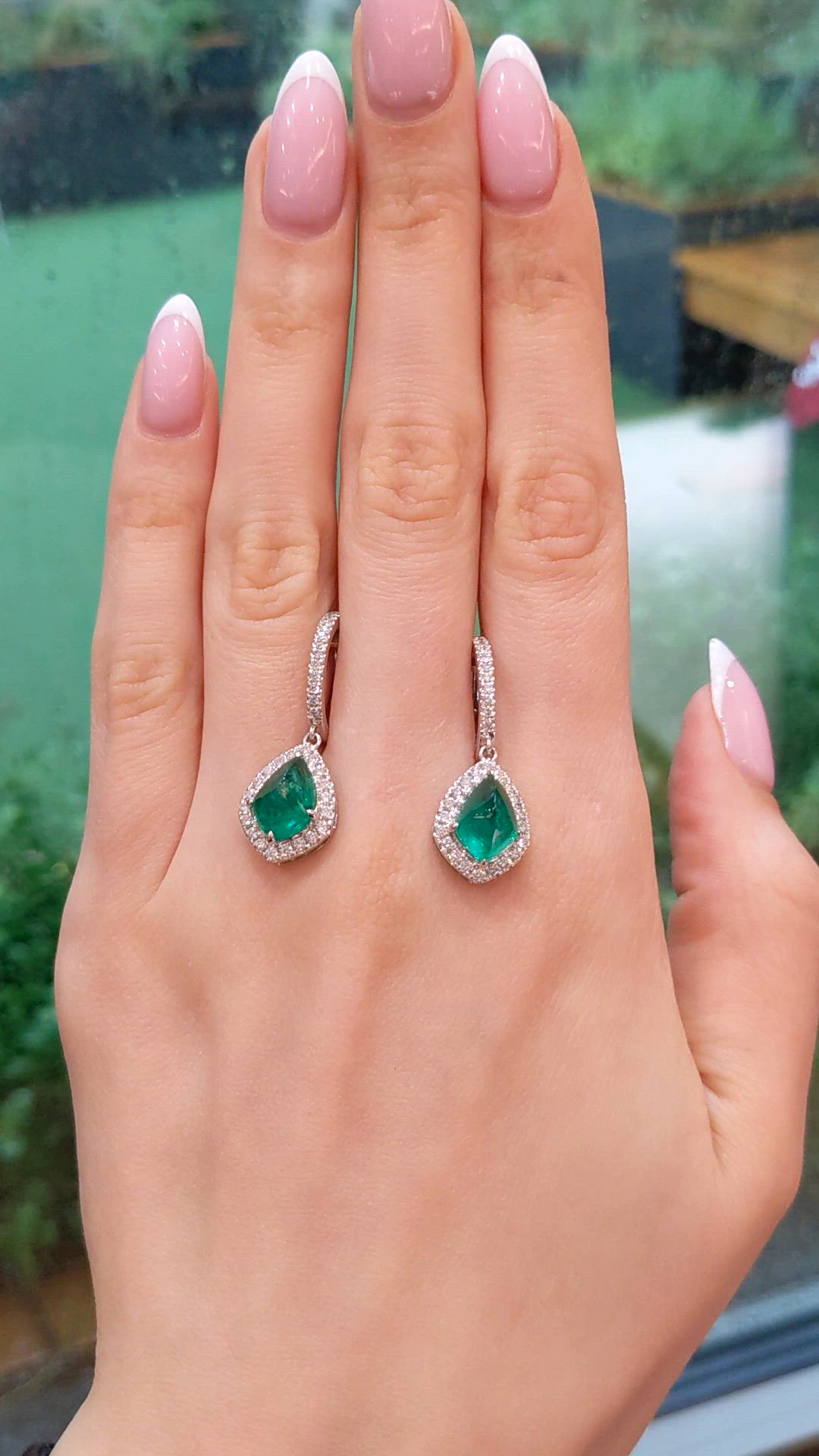 4.97&nbsp;Ct.Tw.Total Carat Weight Emerald and Natural Diamond Drops Earrings, 18K White Gold Size Video