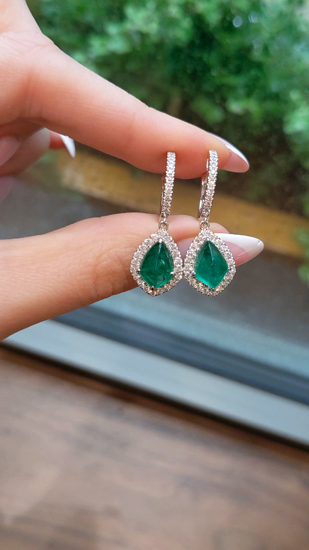 4.97&nbsp;Ct.Tw.Total Carat Weight Emerald and Natural Diamond Drops Earrings, 18K White Gold Size Video