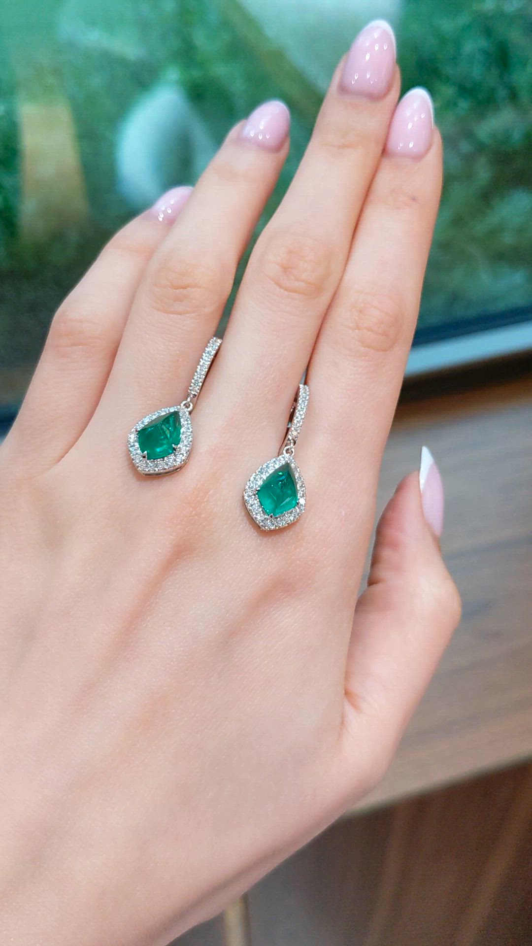 4.97&nbsp;Ct.Tw.Total Carat Weight Emerald and Natural Diamond Drops Earrings, 18K White Gold Size Video