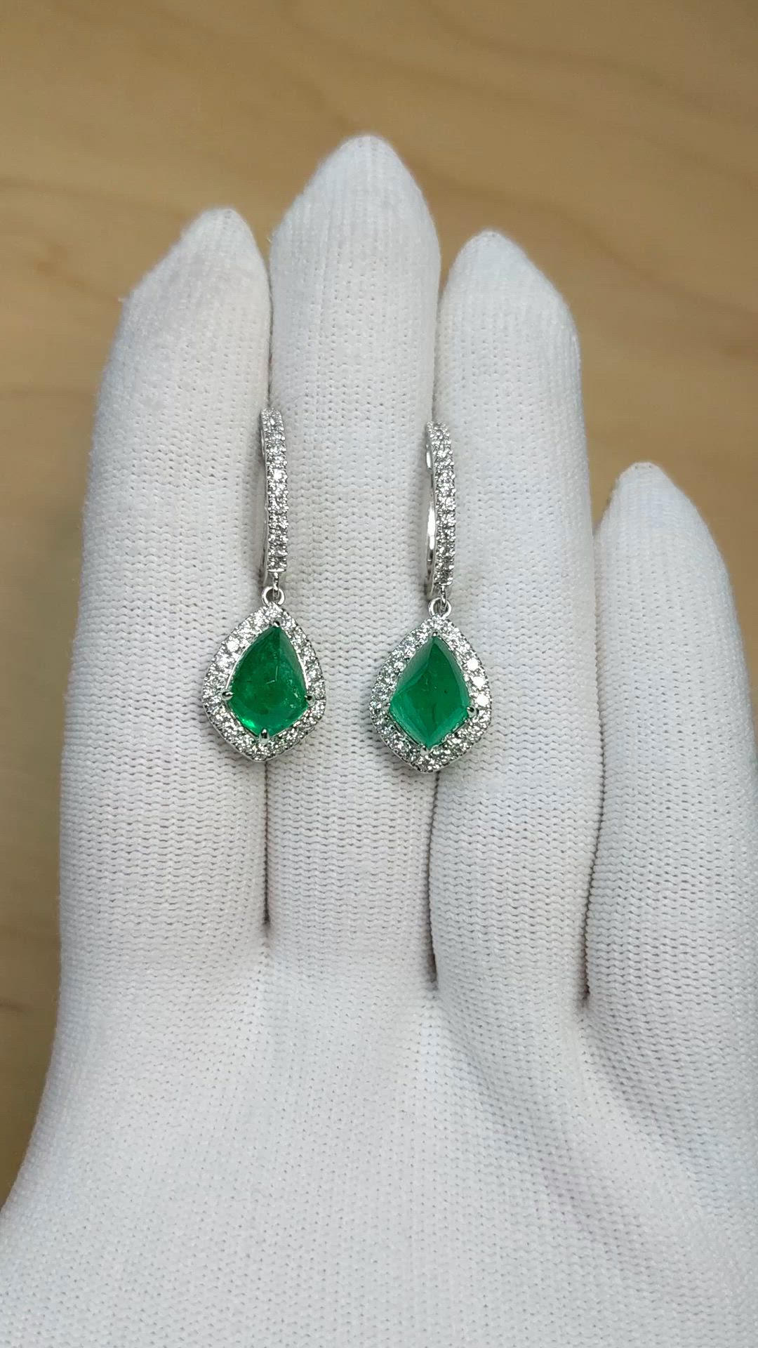 4.97&nbsp;Ct.Tw.Total Carat Weight Emerald and Natural Diamond Drops Earrings, 18K White Gold Size Video