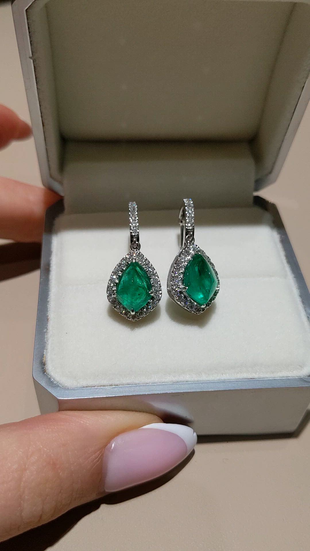 4.97&nbsp;Ct.Tw.Total Carat Weight Emerald and Natural Diamond Drops Earrings, 18K White Gold Size Video