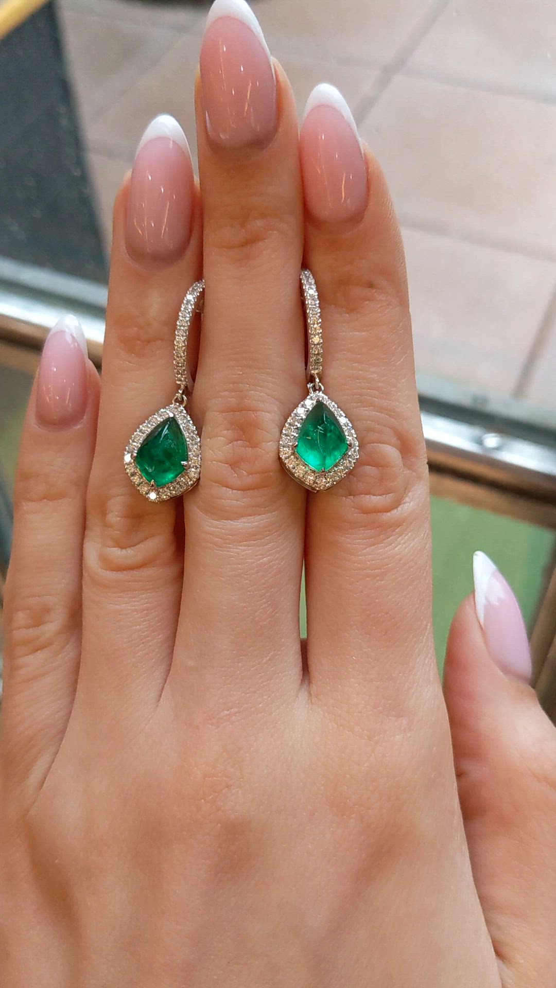4.97&nbsp;Ct.Tw.Total Carat Weight Emerald and Natural Diamond Drops Earrings, 18K White Gold Size Video