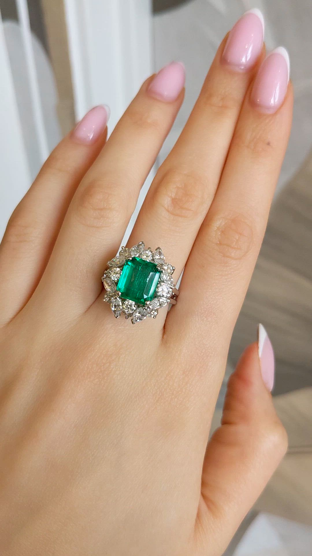 3.74 Ct. Emerald and Natural Diamond Pave Ring, Platinum 950 Size Video