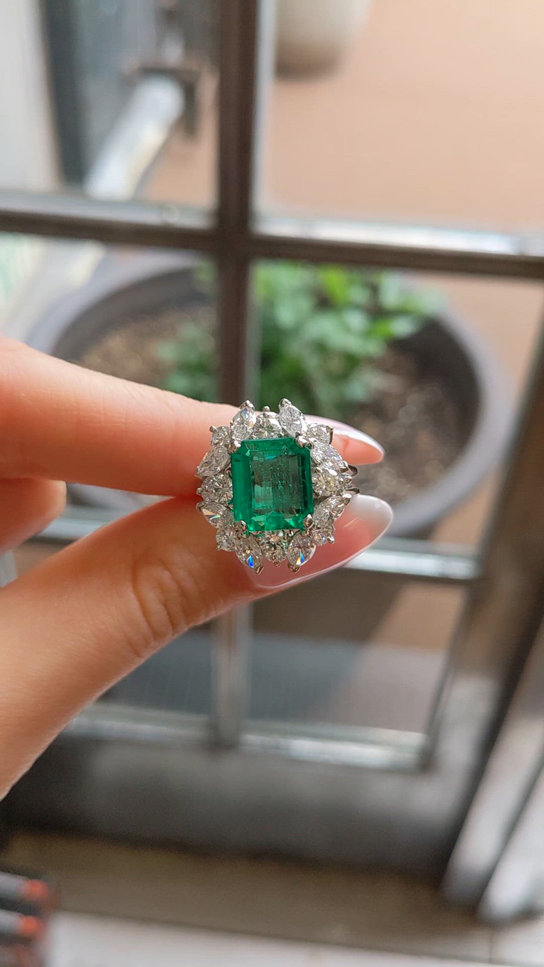 3.74 Ct. Emerald and Natural Diamond Pave Ring, Platinum 950 Size Video
