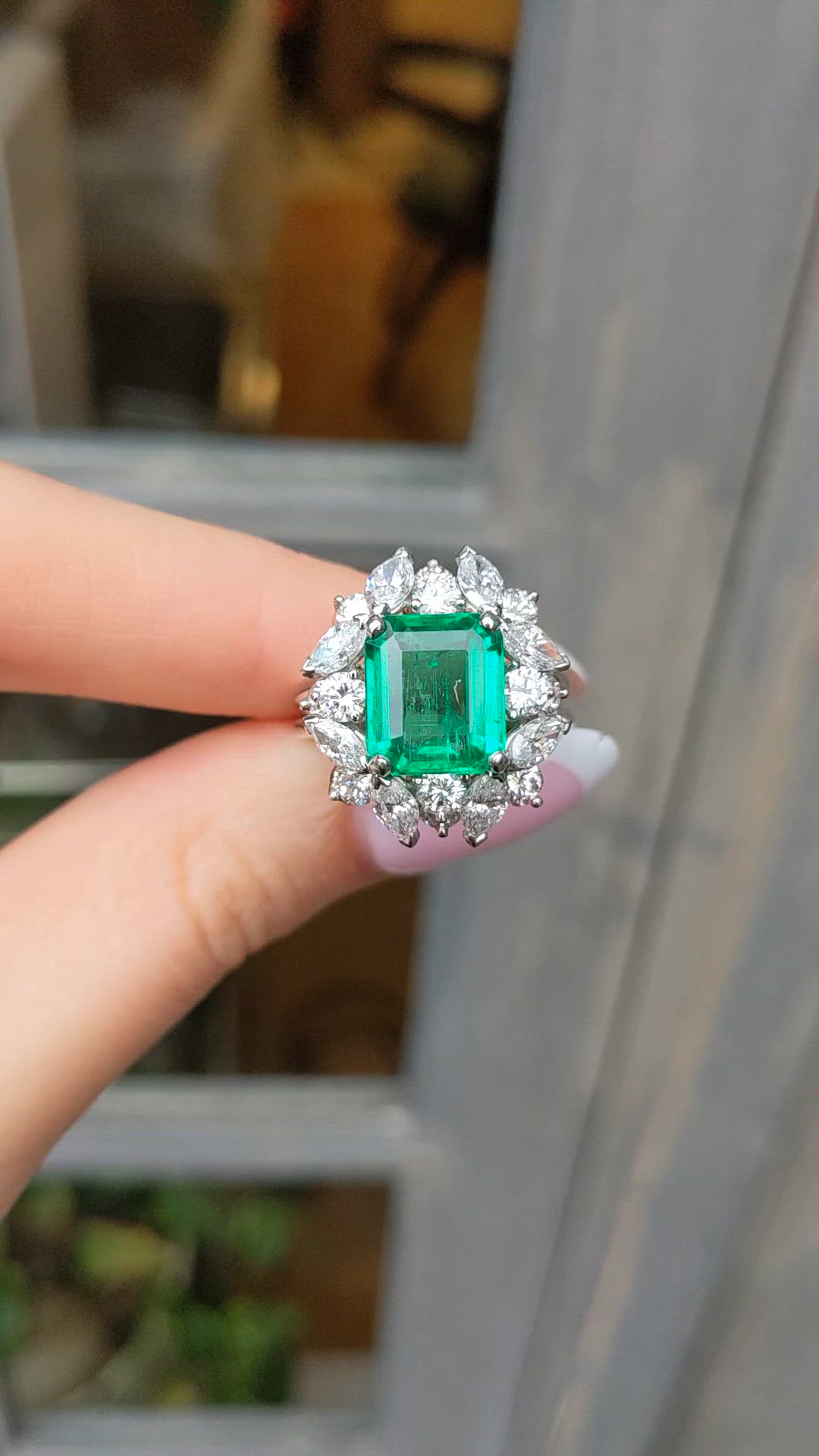 3.74 Ct. Emerald and Natural Diamond Pave Ring, Platinum 950 Size Video