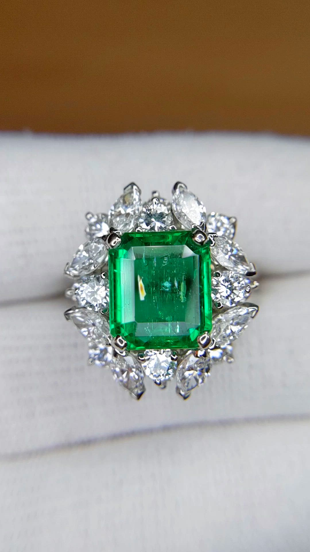 3.74 Ct. Emerald and Natural Diamond Pave Ring, Platinum 950 Size Video