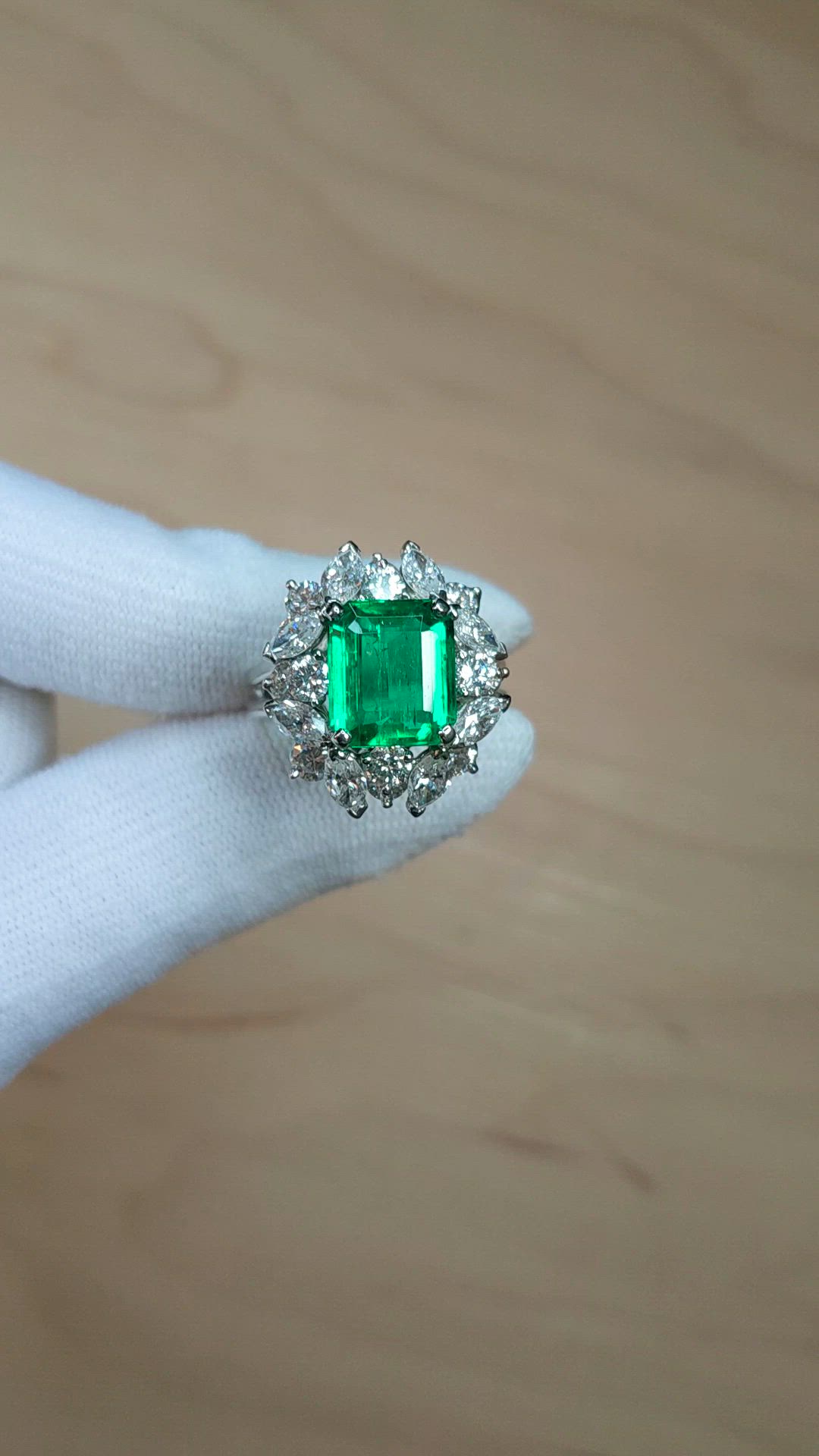 3.74 Ct. Emerald and Natural Diamond Pave Ring, Platinum 950 Size Video