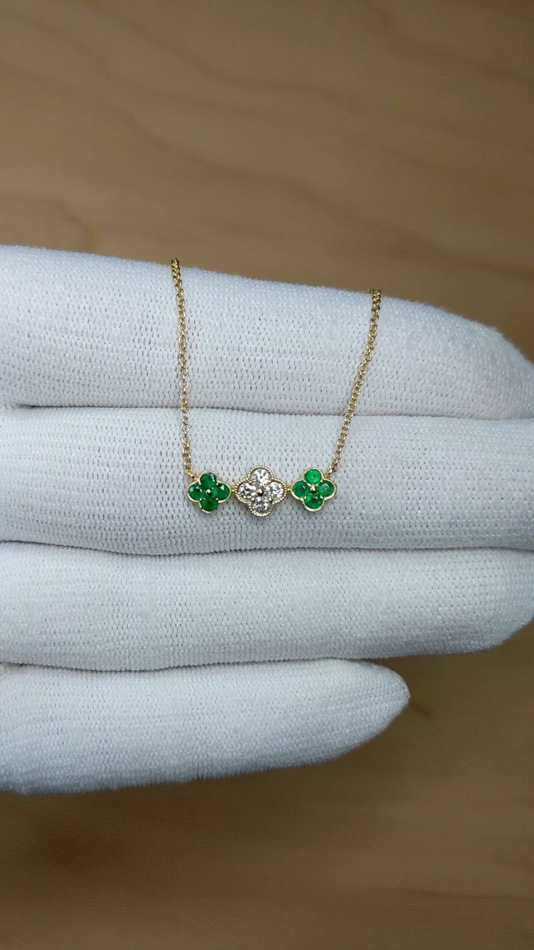 0.26 Ct. Emerald and Natural Diamond Bead Necklace, 14K Yellow Gold Size Video