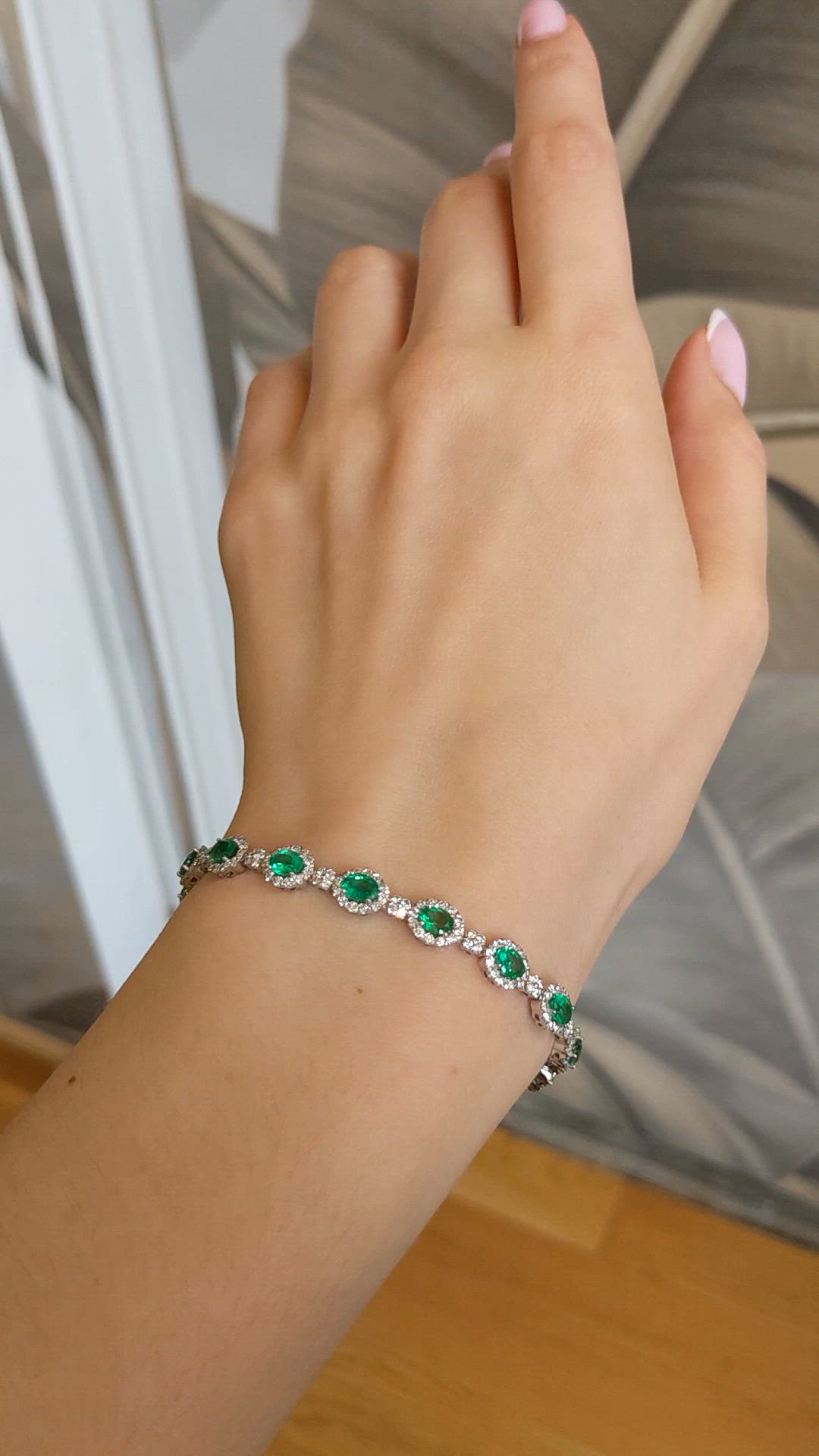5.08 Ct.Tw.Total Carat Weight Emerald and Natural Diamond Tennis/Line Bracelet, Platinum 600 Size Video