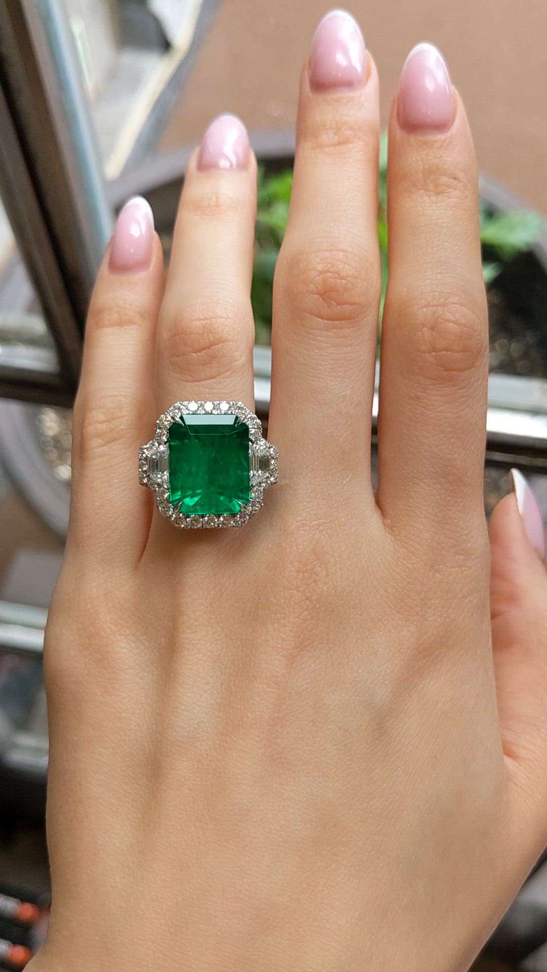 10.95 Ct. Emerald and Natural Diamond Pave Ring, Platinum 950 Size Video