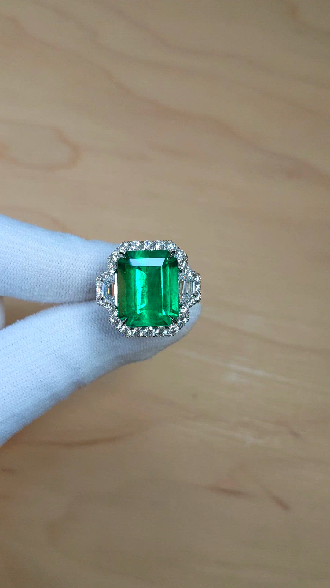 10.95 Ct. Emerald and Natural Diamond Pave Ring, Platinum 950 Size Video