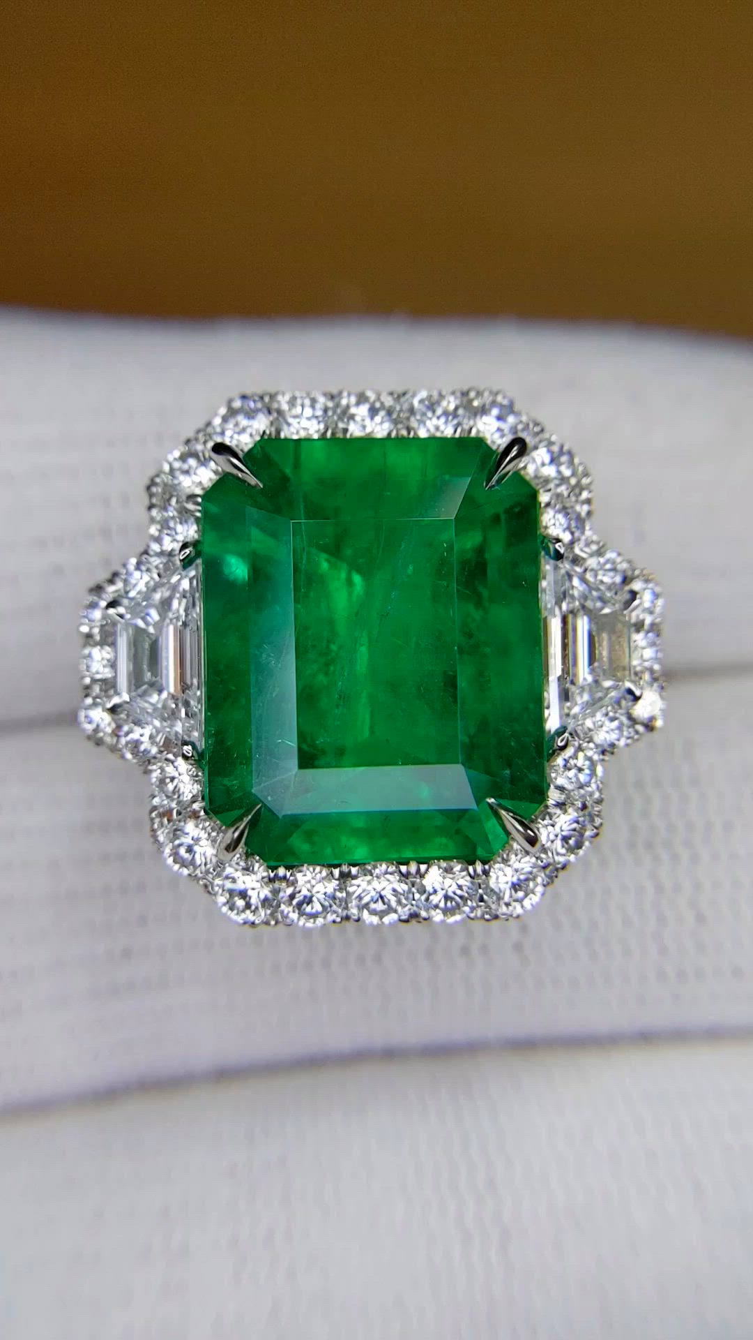 10.95 Ct. Emerald and Natural Diamond Pave Ring, Platinum 950 Size Video