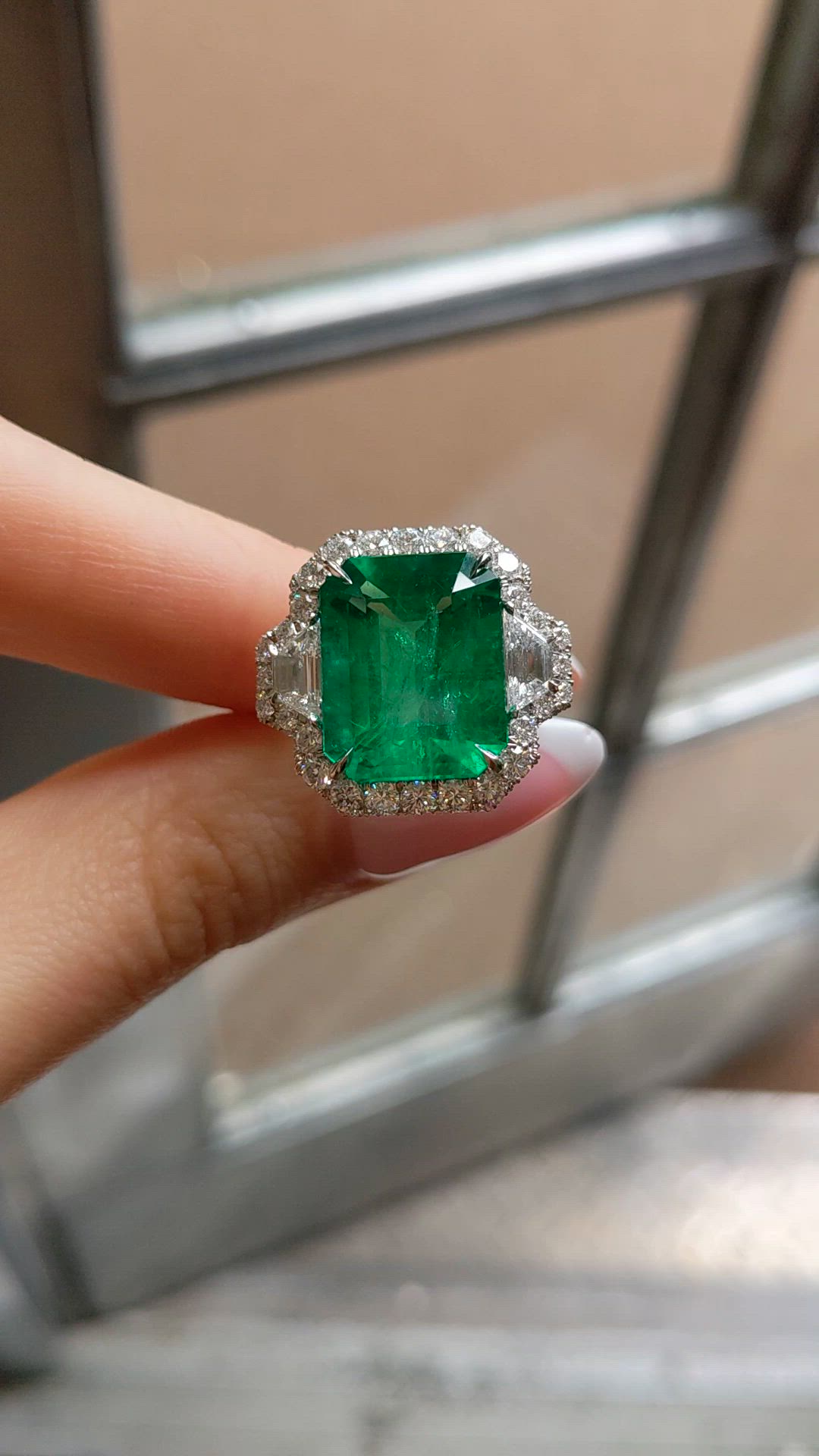 10.95 Ct. Emerald and Natural Diamond Pave Ring, Platinum 950 Size Video