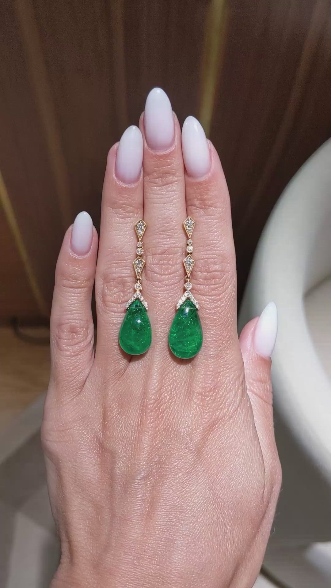 18.72&nbsp;Ct.Tw.Total Carat Weight Emerald and Natural Diamond Pave Earrings, 18K Yellow Gold Size Video