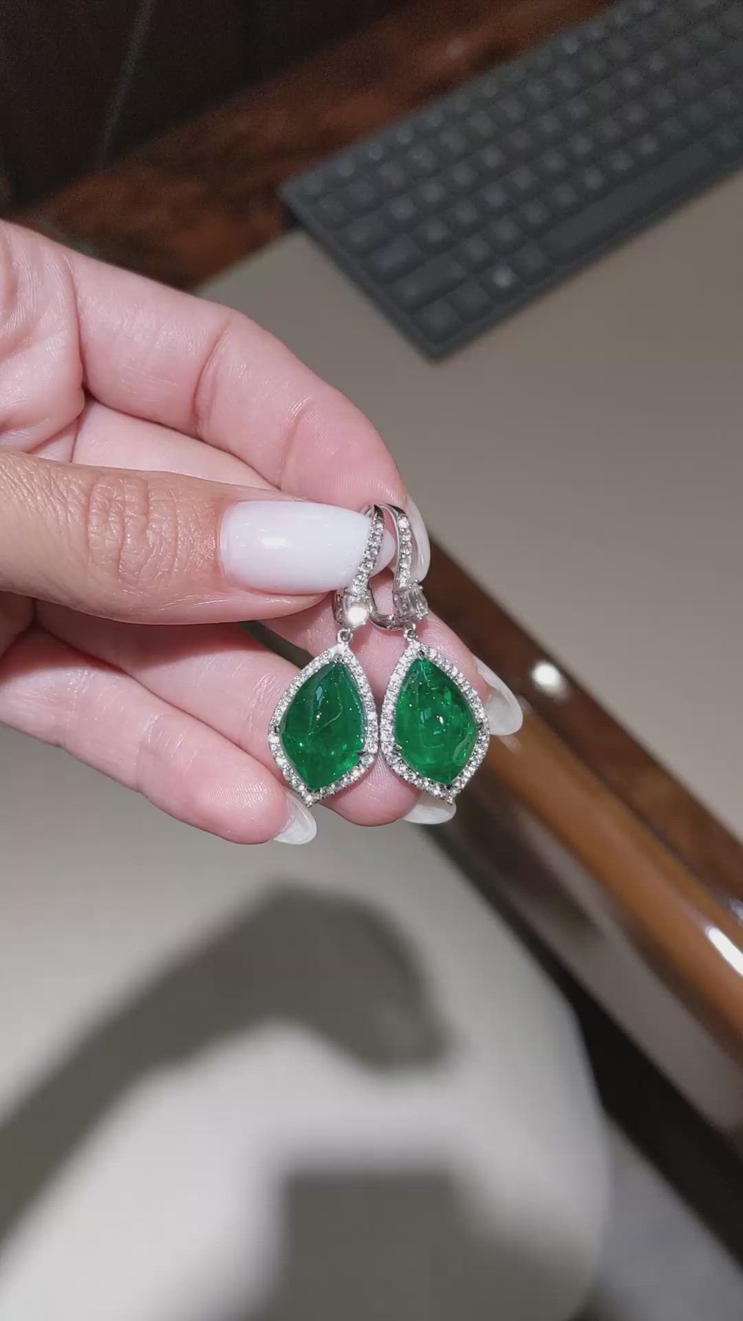 16.15&nbsp;Ct.Tw.Total Carat Weight Emerald and Natural Diamond Pave Earrings, 18K White Gold Size Video