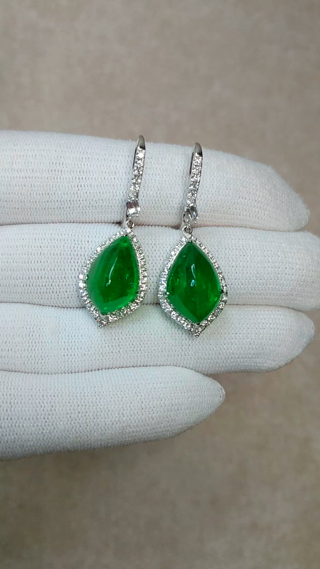16.15&nbsp;Ct.Tw.Total Carat Weight Emerald and Natural Diamond Pave Earrings, 18K White Gold Size Video