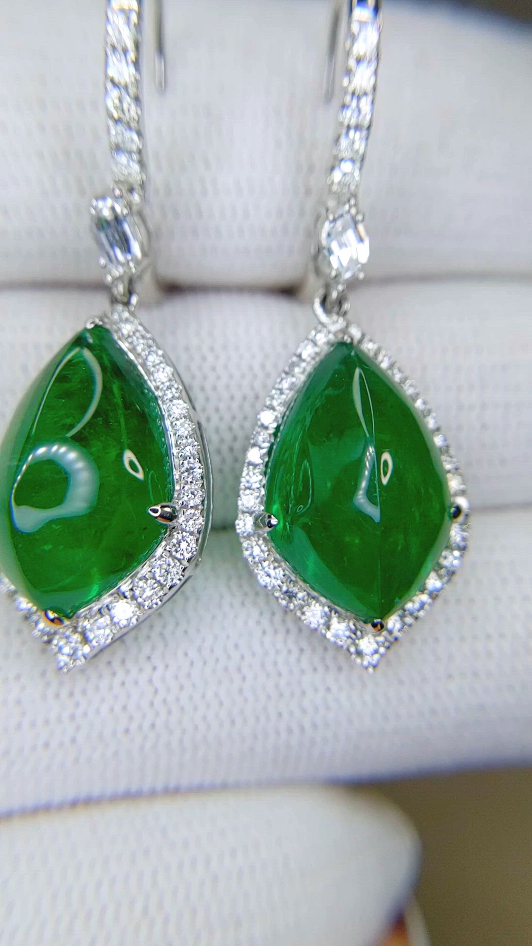 16.15&nbsp;Ct.Tw.Total Carat Weight Emerald and Natural Diamond Pave Earrings, 18K White Gold Size Video