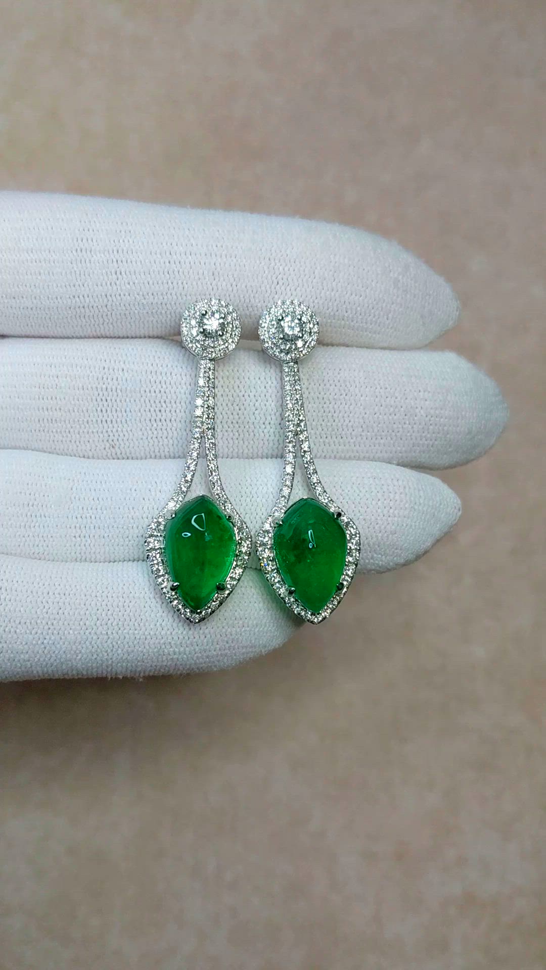 12.96&nbsp;Ct.Tw.Total Carat Weight Emerald and Natural Diamond Studs Earrings, 18K White Gold Size Video