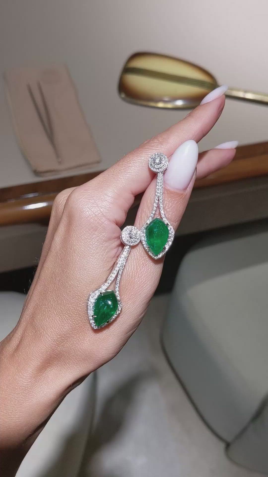 12.96&nbsp;Ct.Tw.Total Carat Weight Emerald and Natural Diamond Studs Earrings, 18K White Gold Size Video