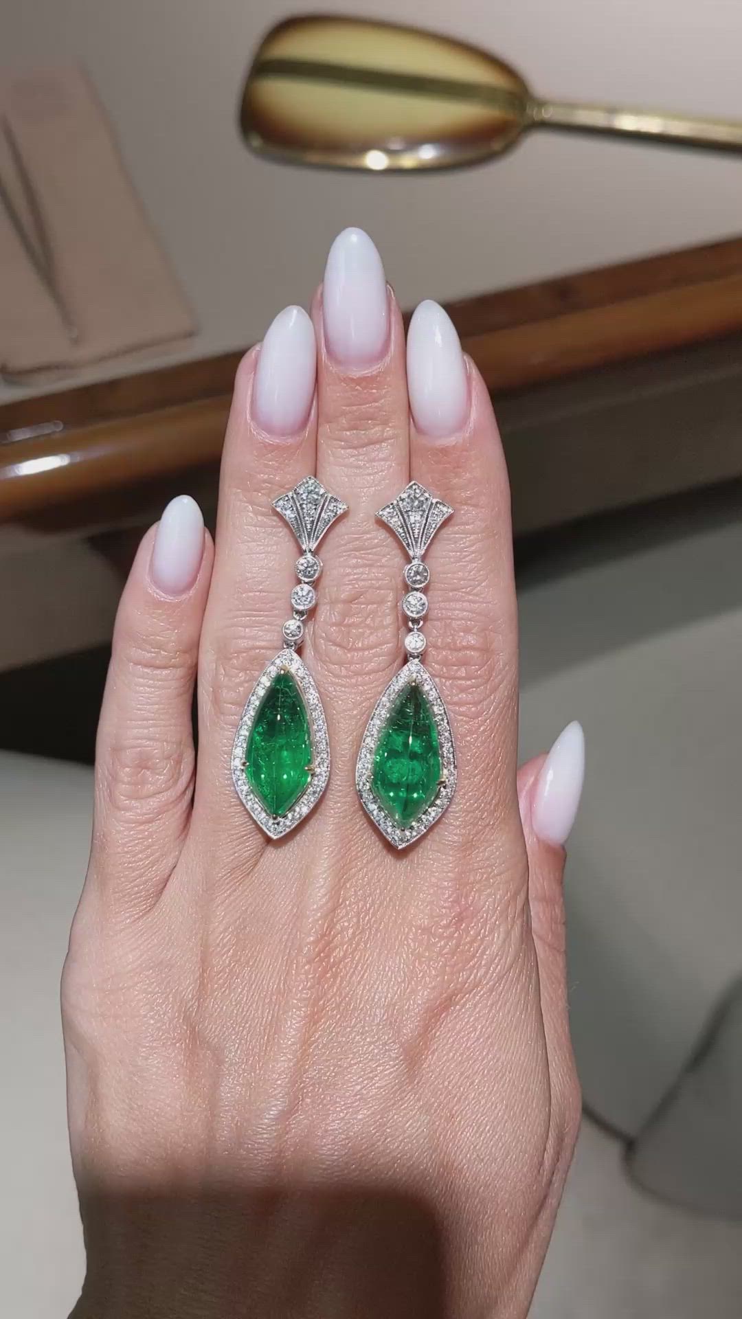 15.46&nbsp;Ct.Tw.Total Carat Weight Emerald and Natural Diamond Studs Earrings, 18K White & Yellow Size Video