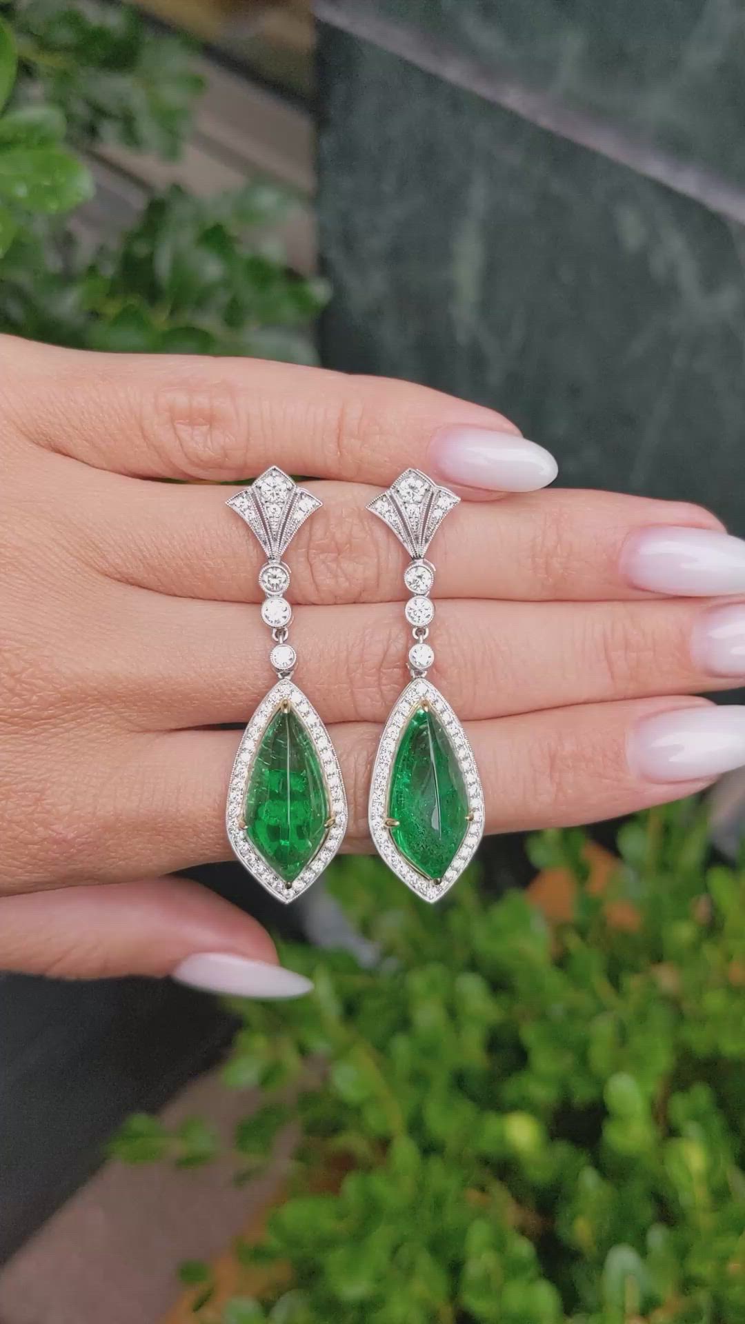 15.46&nbsp;Ct.Tw.Total Carat Weight Emerald and Natural Diamond Studs Earrings, 18K White & Yellow Size Video