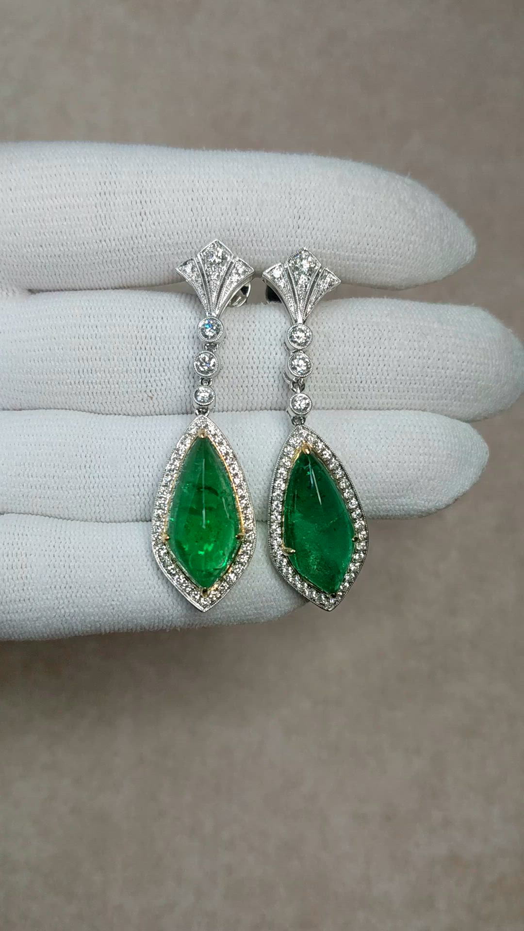 15.46&nbsp;Ct.Tw.Total Carat Weight Emerald and Natural Diamond Studs Earrings, 18K White & Yellow Size Video