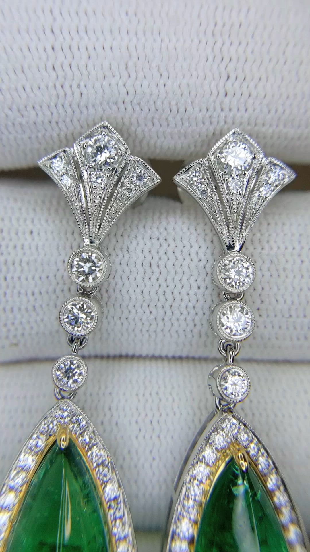 15.46&nbsp;Ct.Tw.Total Carat Weight Emerald and Natural Diamond Studs Earrings, 18K White & Yellow Size Video