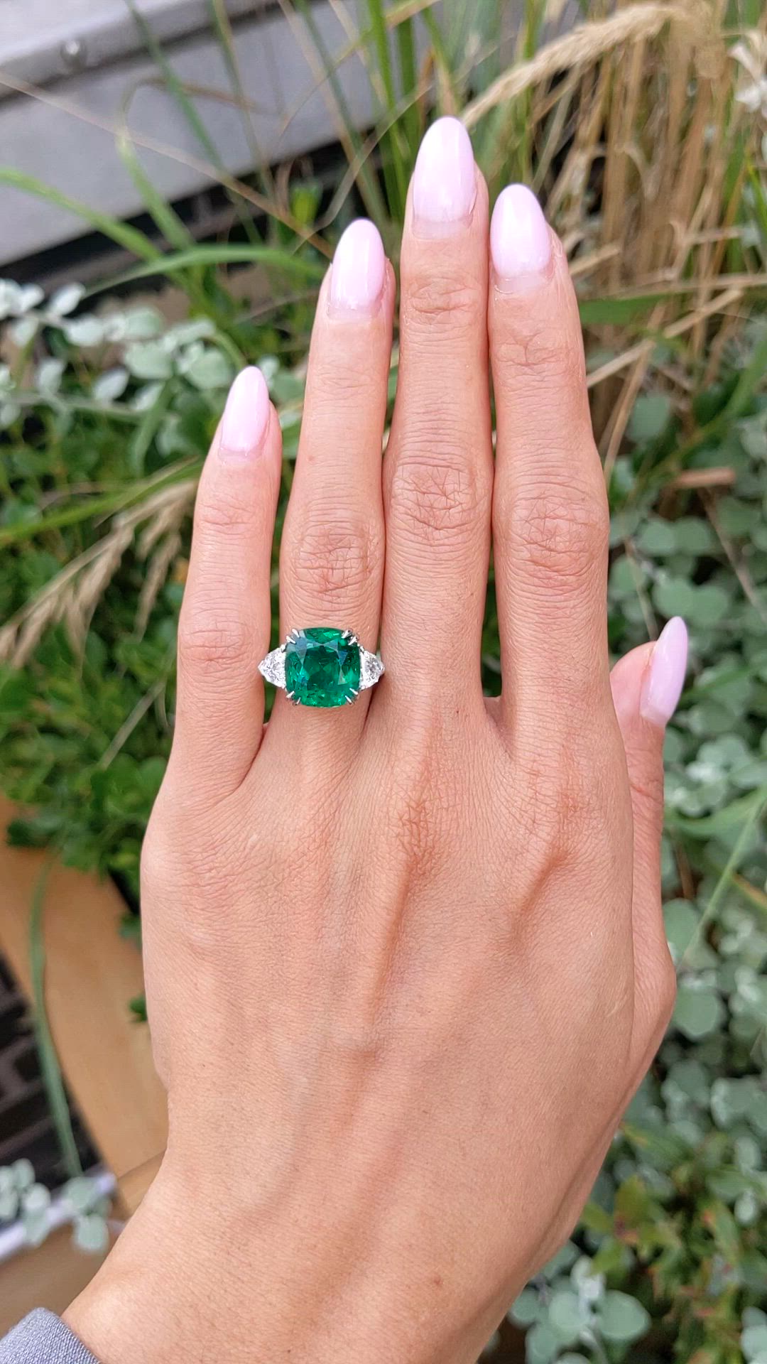6.28 Ct. Emerald and Natural Diamond Three Stone Ring, Platinum 950 Size Video