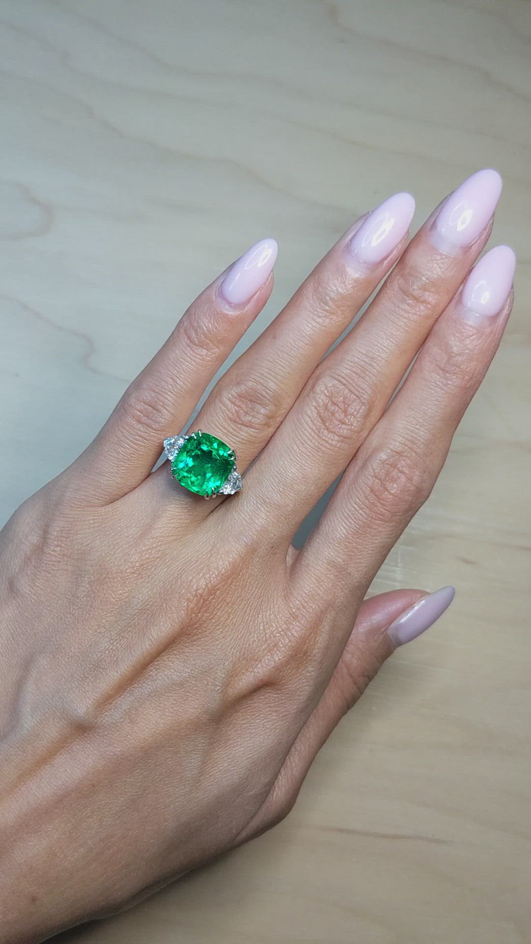 6.28 Ct. Emerald and Natural Diamond Three Stone Ring, Platinum 950 Size Video