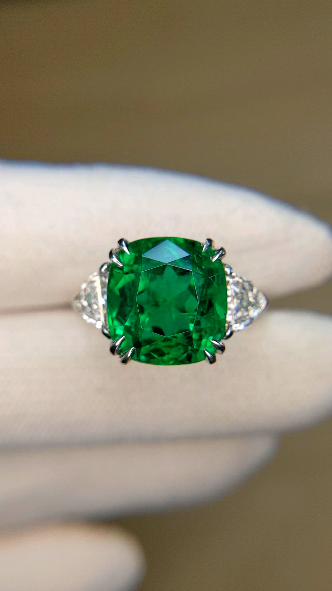 6.28 Ct. Emerald and Natural Diamond Three Stone Ring, Platinum 950 Size Video