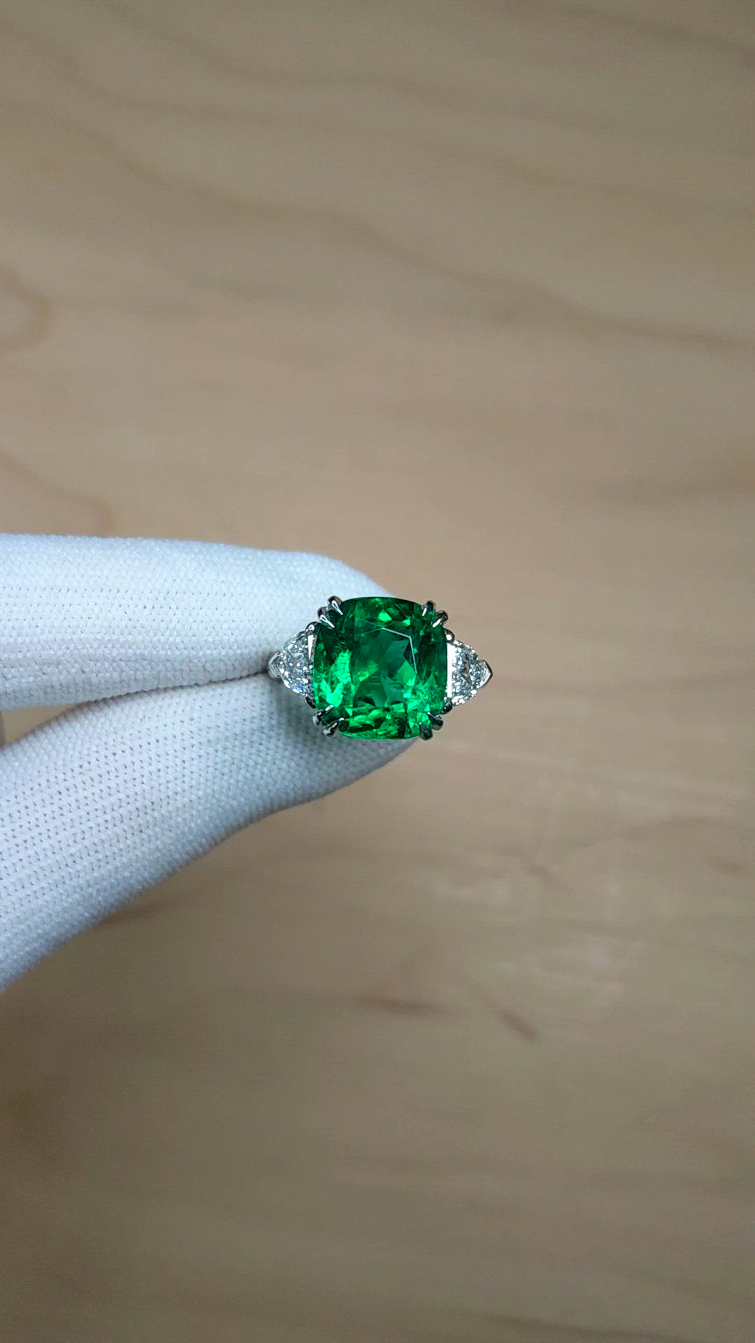 6.28 Ct. Emerald and Natural Diamond Three Stone Ring, Platinum 950 Size Video