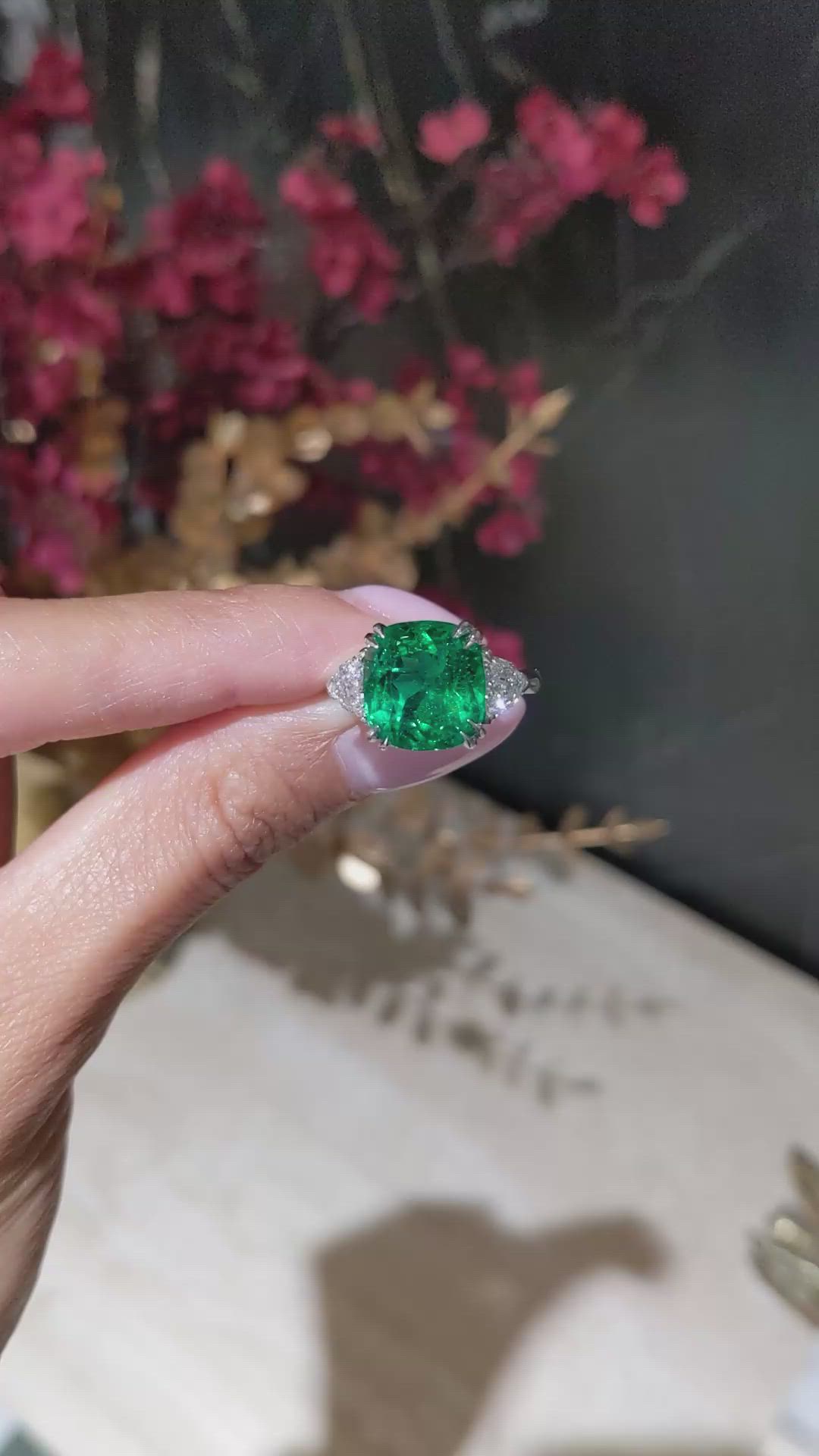 6.28 Ct. Emerald and Natural Diamond Three Stone Ring, Platinum 950 Size Video