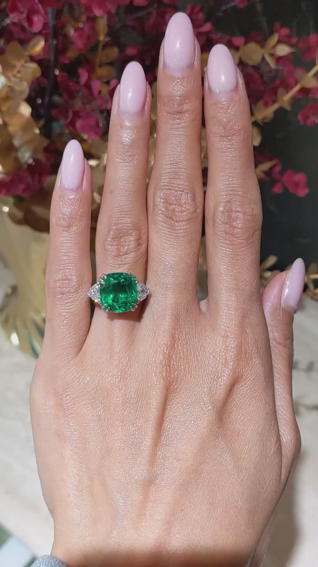 6.28 Ct. Emerald and Natural Diamond Three Stone Ring, Platinum 950 Size Video