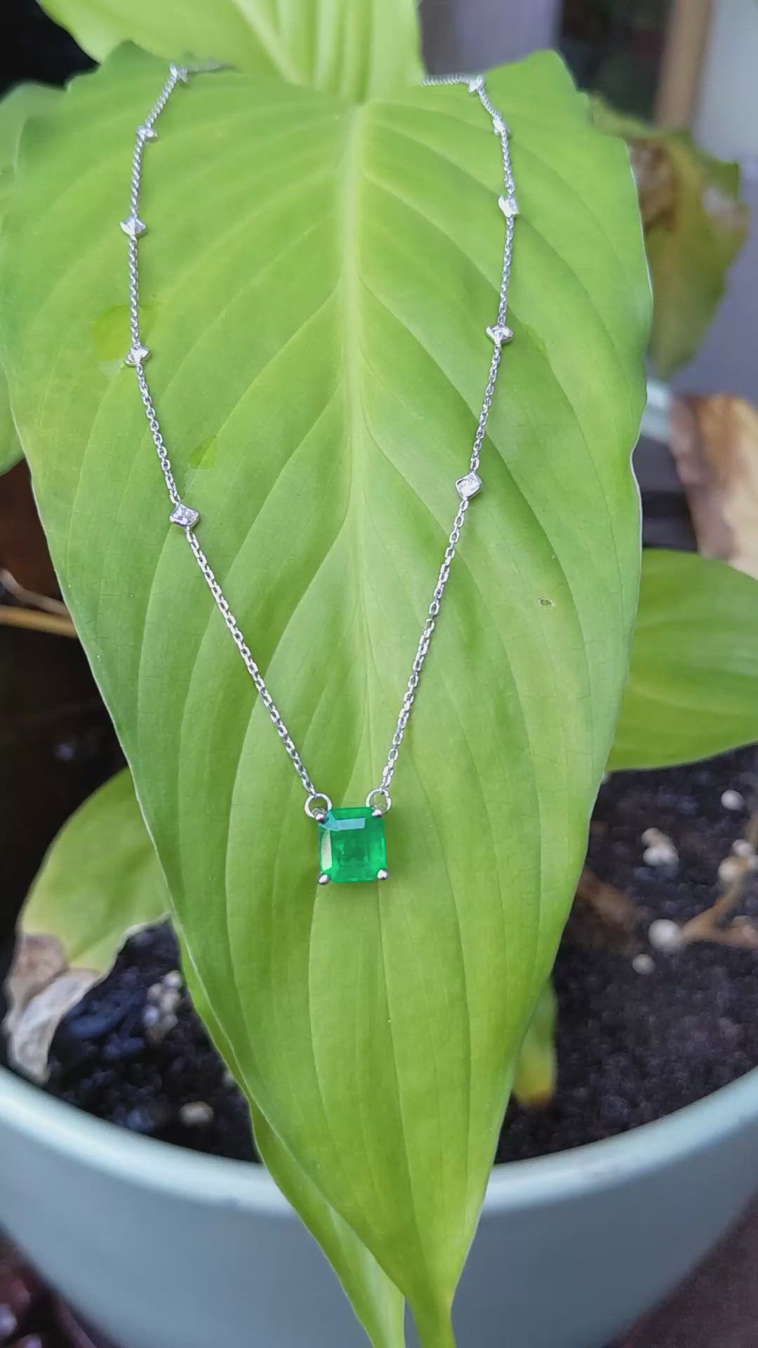 2.02 Ct. Emerald and Natural Diamond Solitaire Necklace, 14K White Gold Size Video